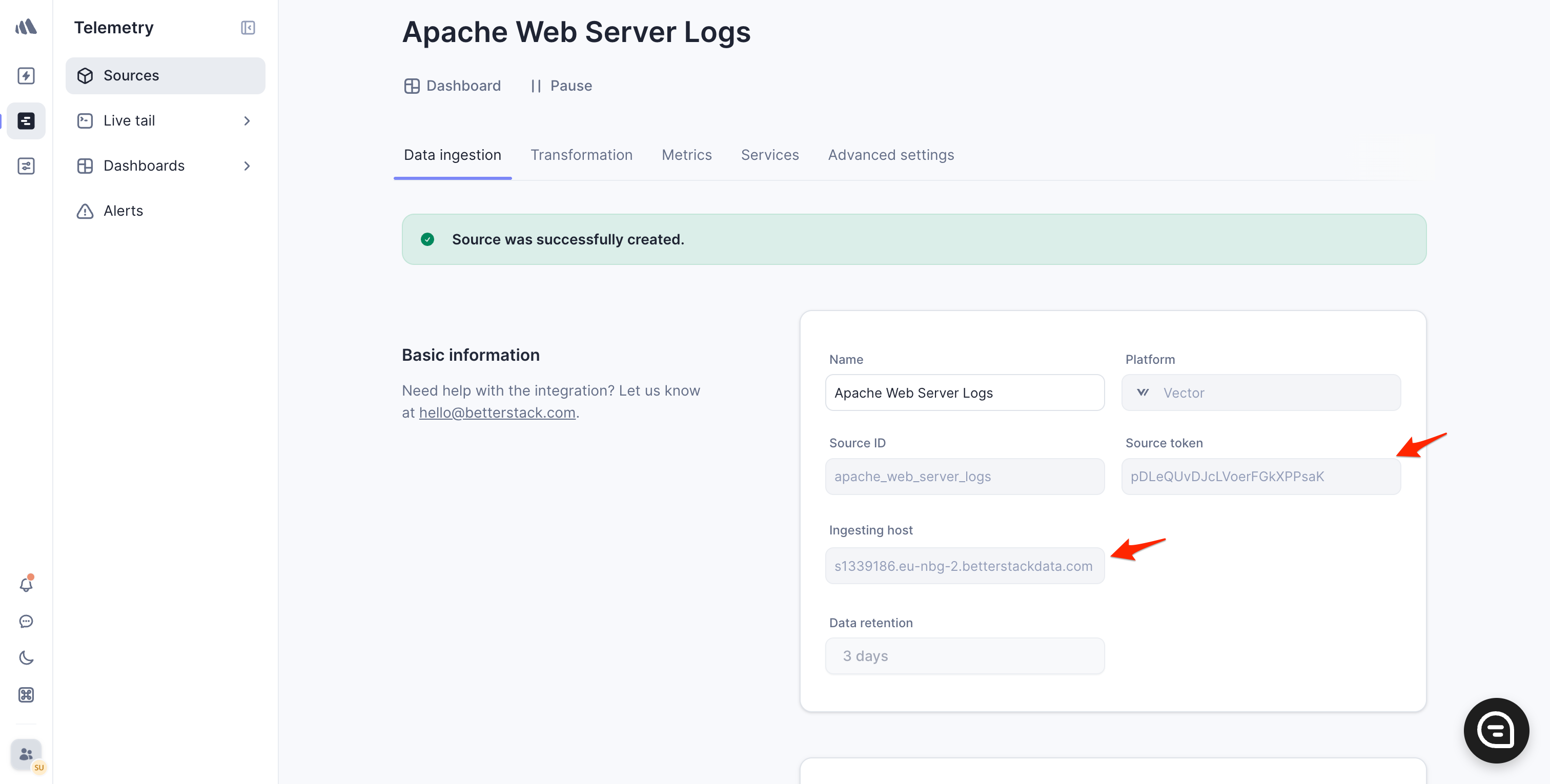 Better Stack interface showing the generated source token and ingestion host details