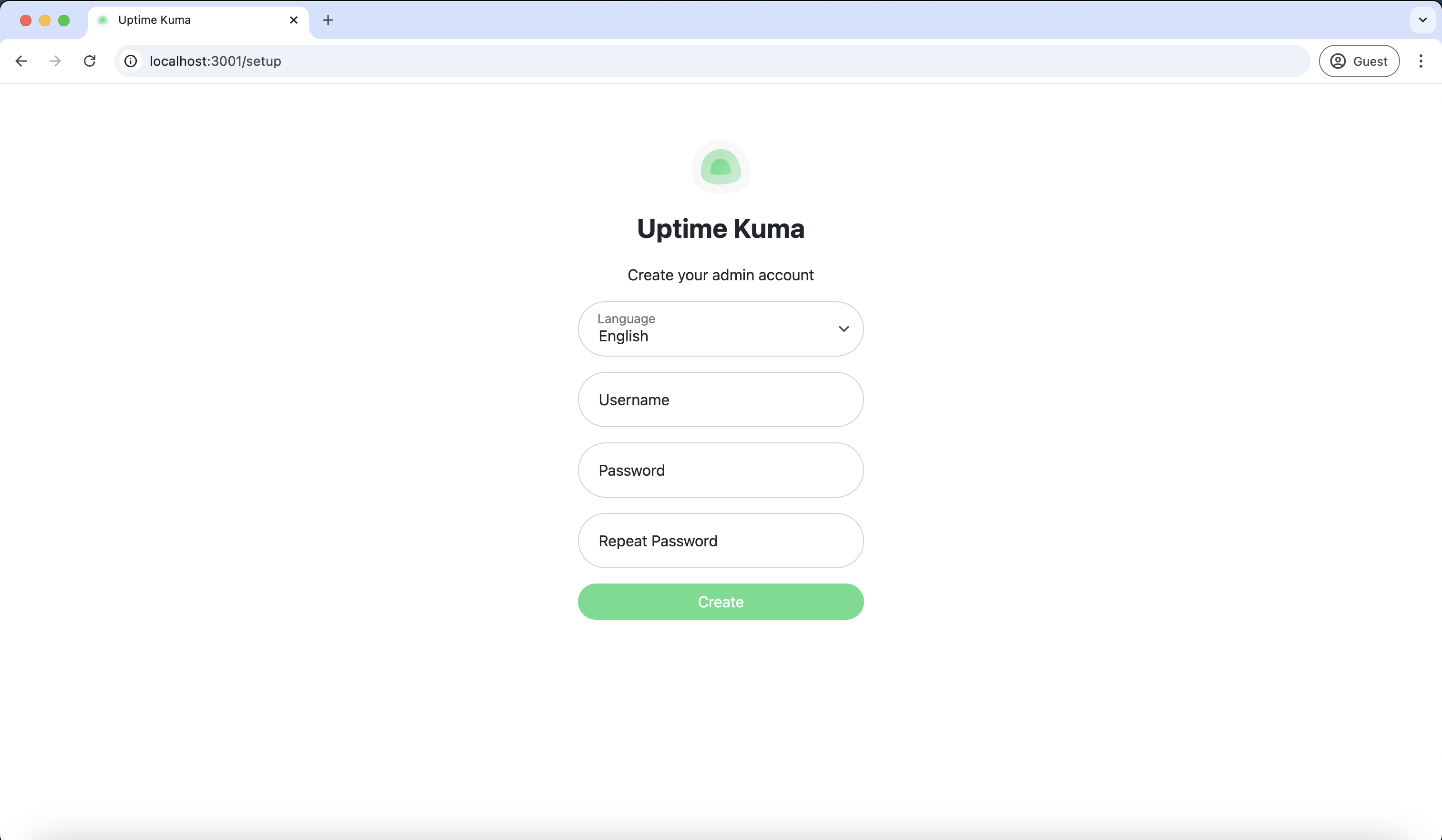 Uptime Kuma signup page