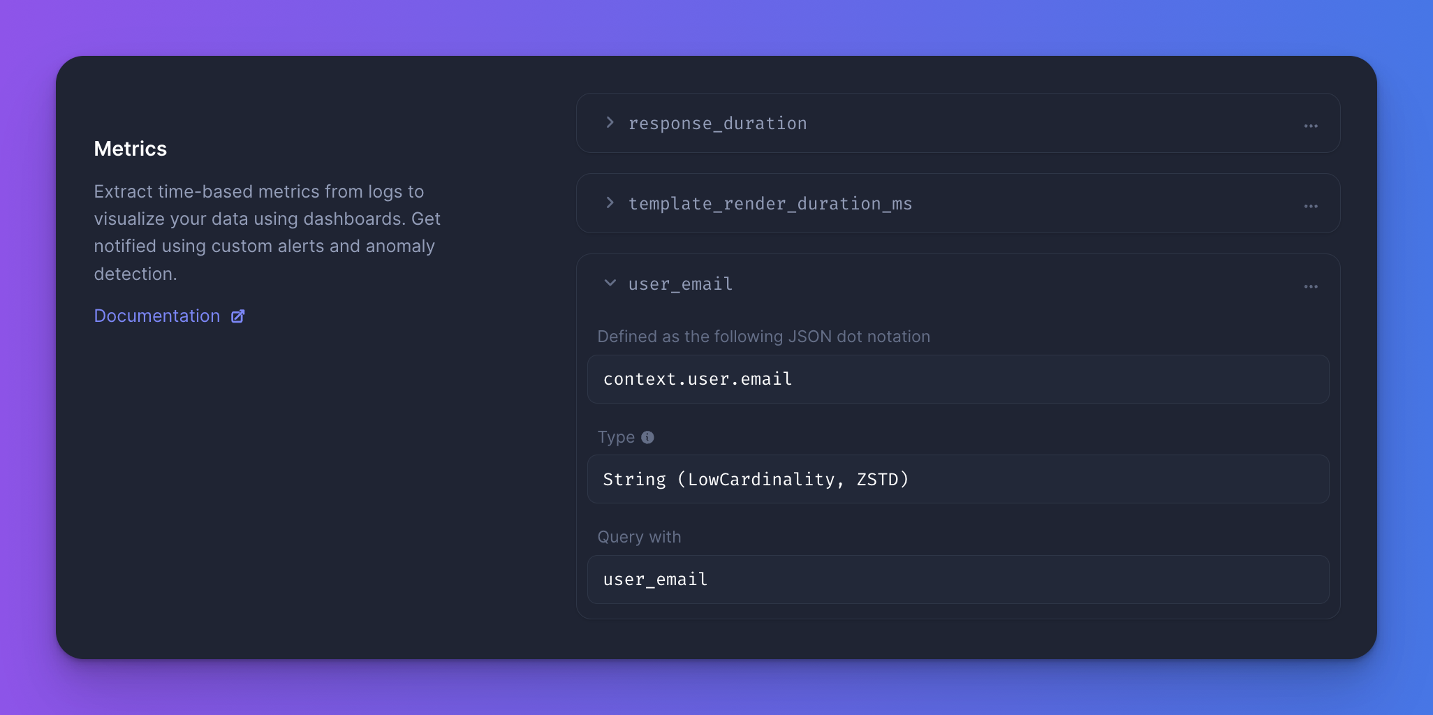 Screenshot of Logs to metrics tables
