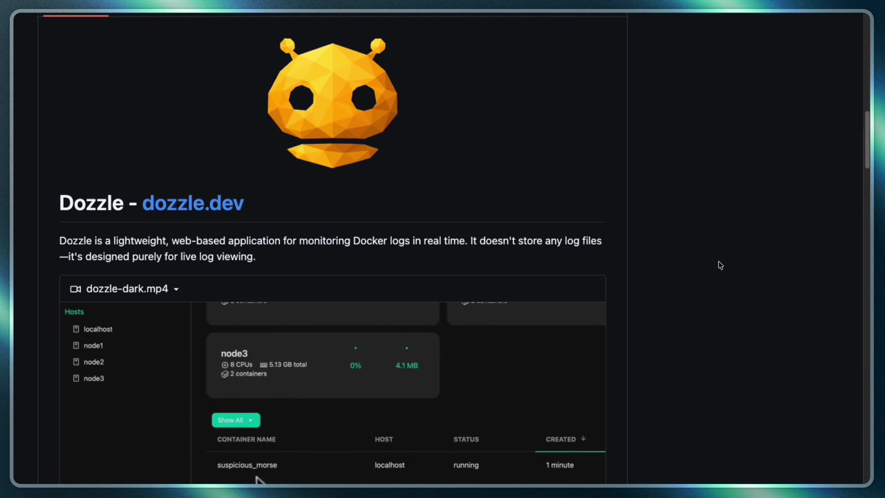 The Dozzle homepage, showcasing its clean interface and tagline.