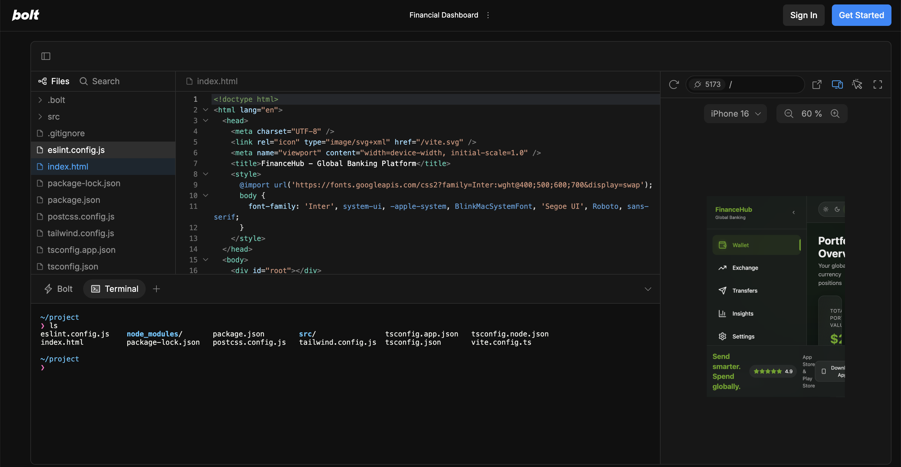 Bolt.new WebContainers IDE showing VS Code interface with terminal, file explorer, and live preview