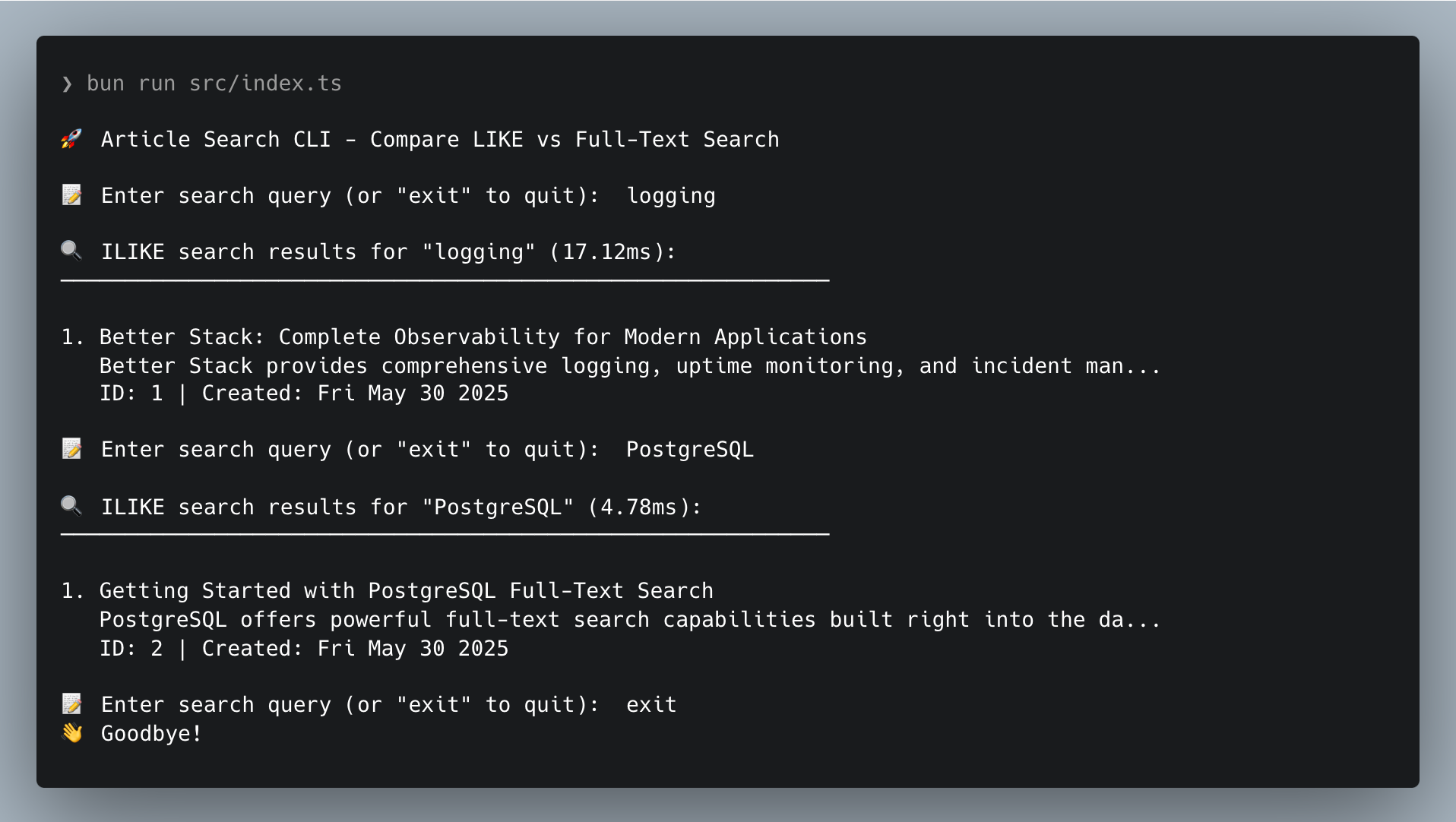 Testing out simple ILIKE search