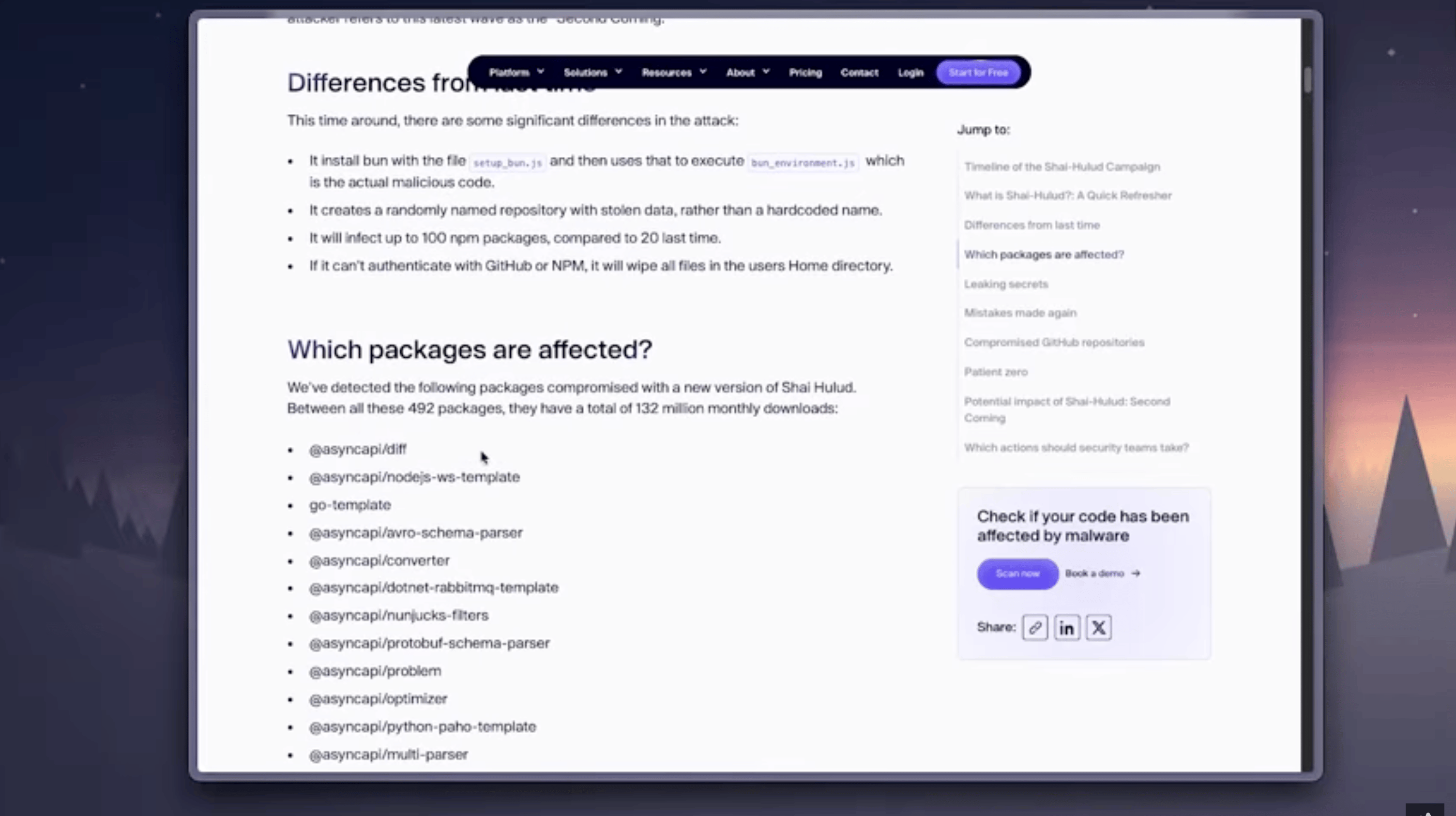A screenshot of a security blog post listing some of the affected NPM packages, highlighting the number "492 packages".