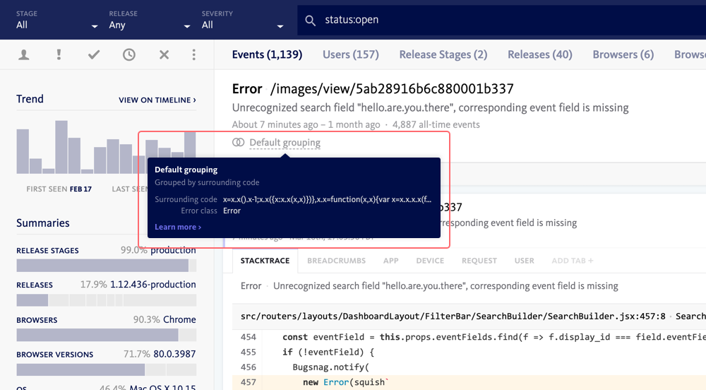 Screenshot of BugSnag dashboard
