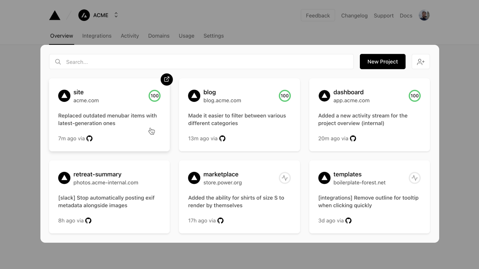 Screenshot of the Vercel dashboard