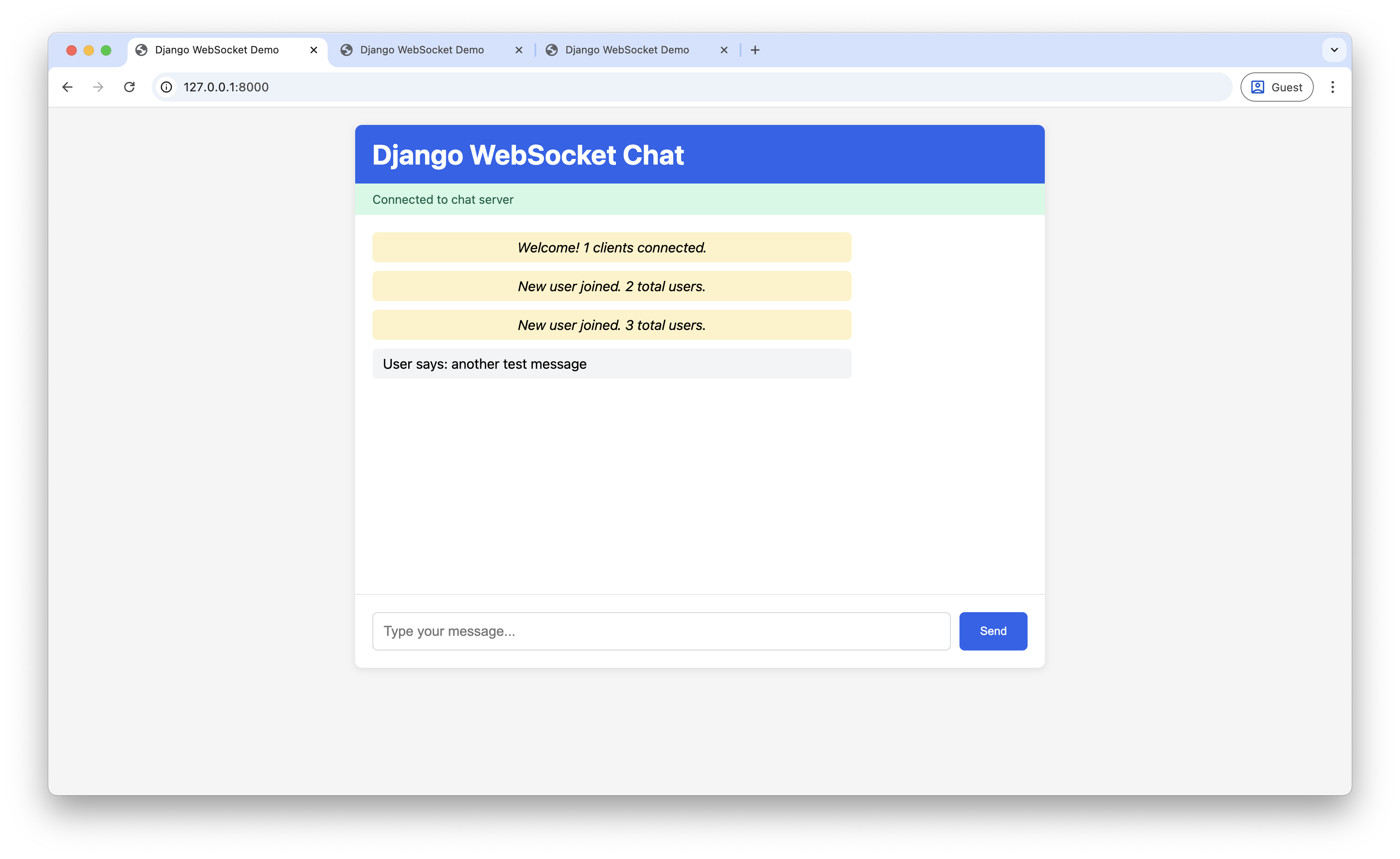 Screenshot of message broadcasting across multiple clients