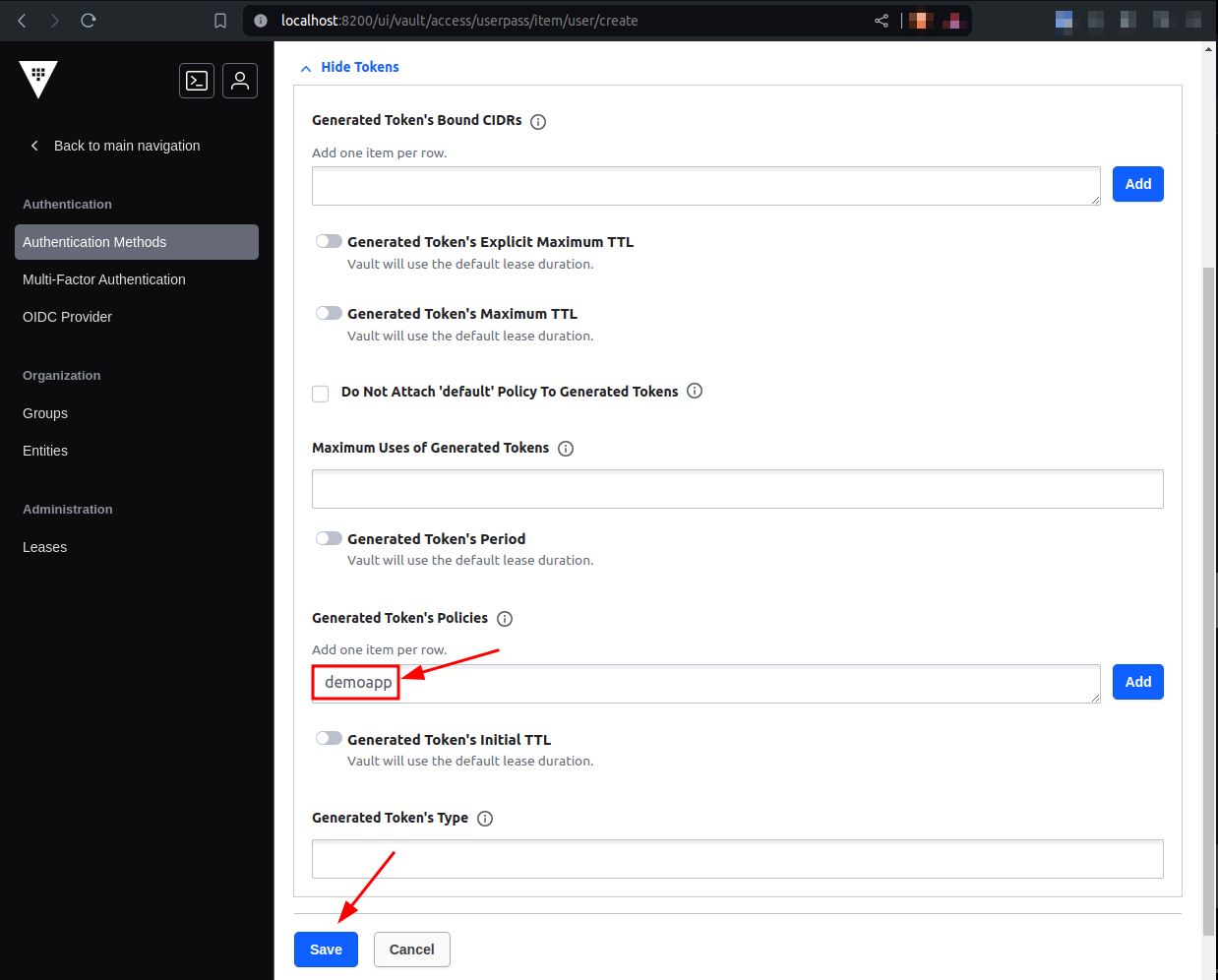 Vault create user tokens section