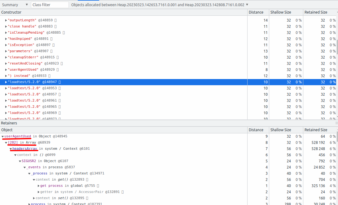 Screenshot showing the source of the memory leak