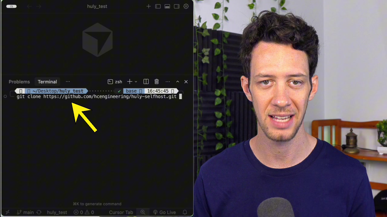 The terminal showing the execution of the `git clone` command to download the Huly self-hosting repository.