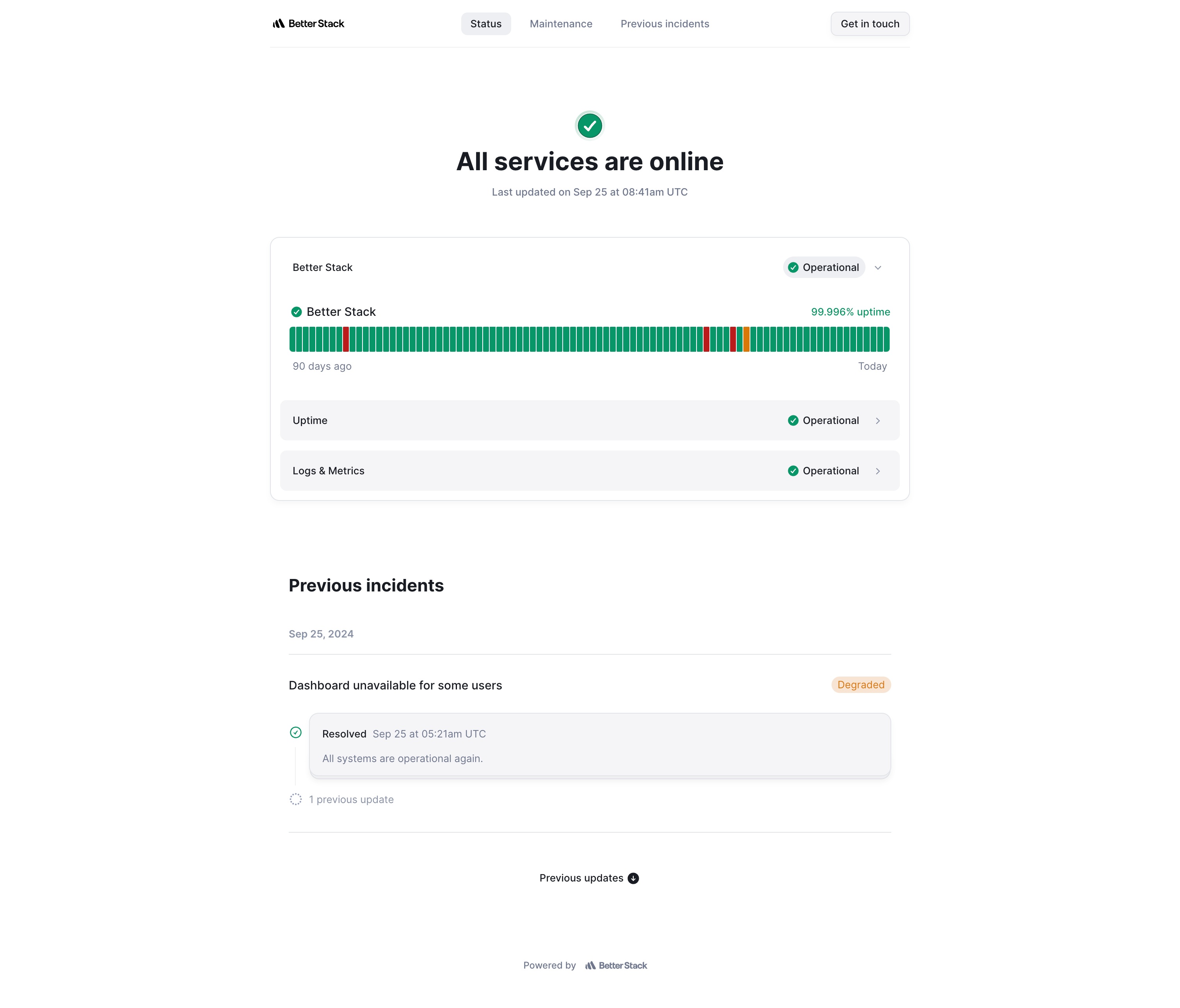 Screenshot of a live status page in Better Stack, showing the monitored service as back online with a green 'Operational' status