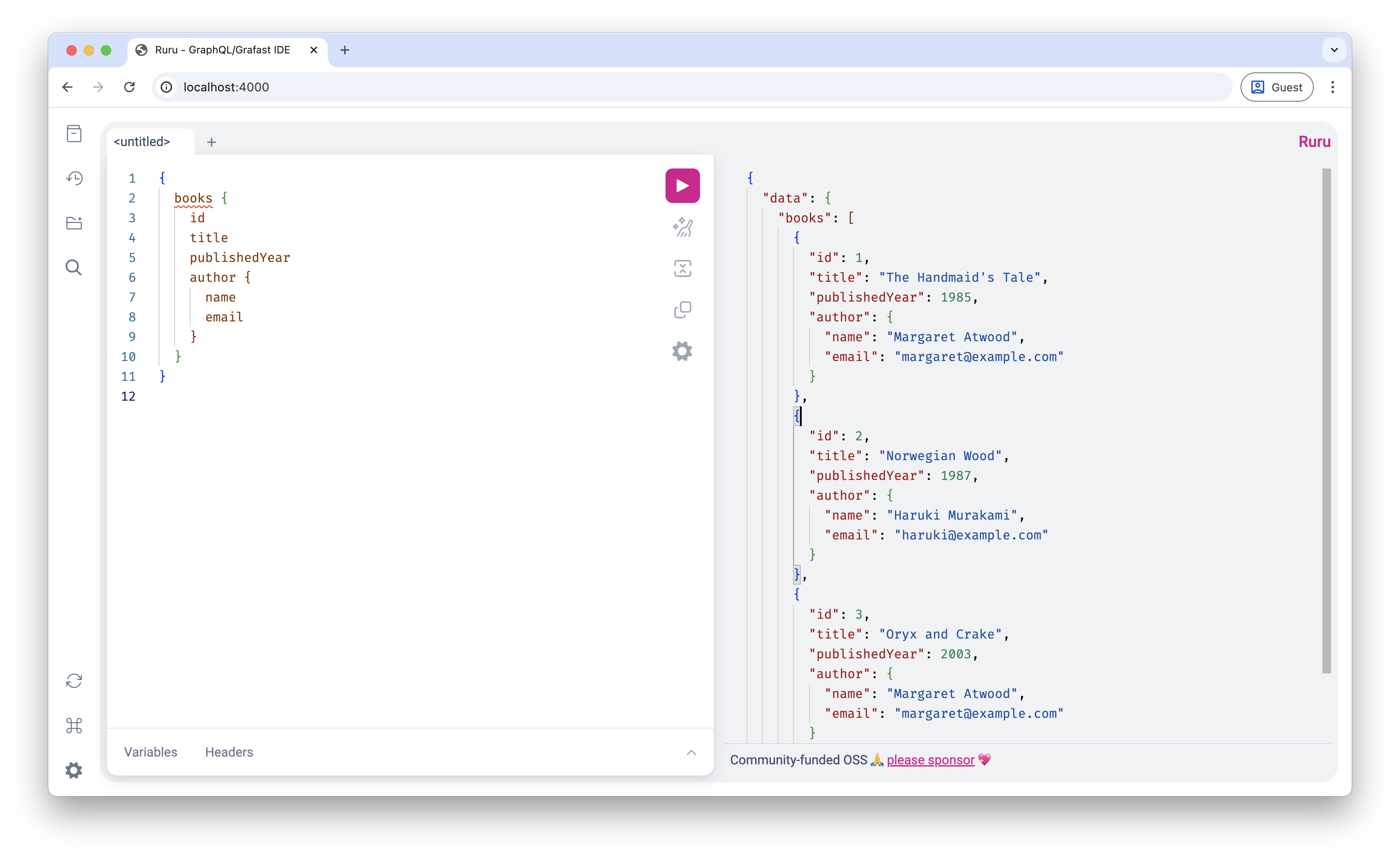 Screenshot of GraphiQL displaying nested query results with book and author data