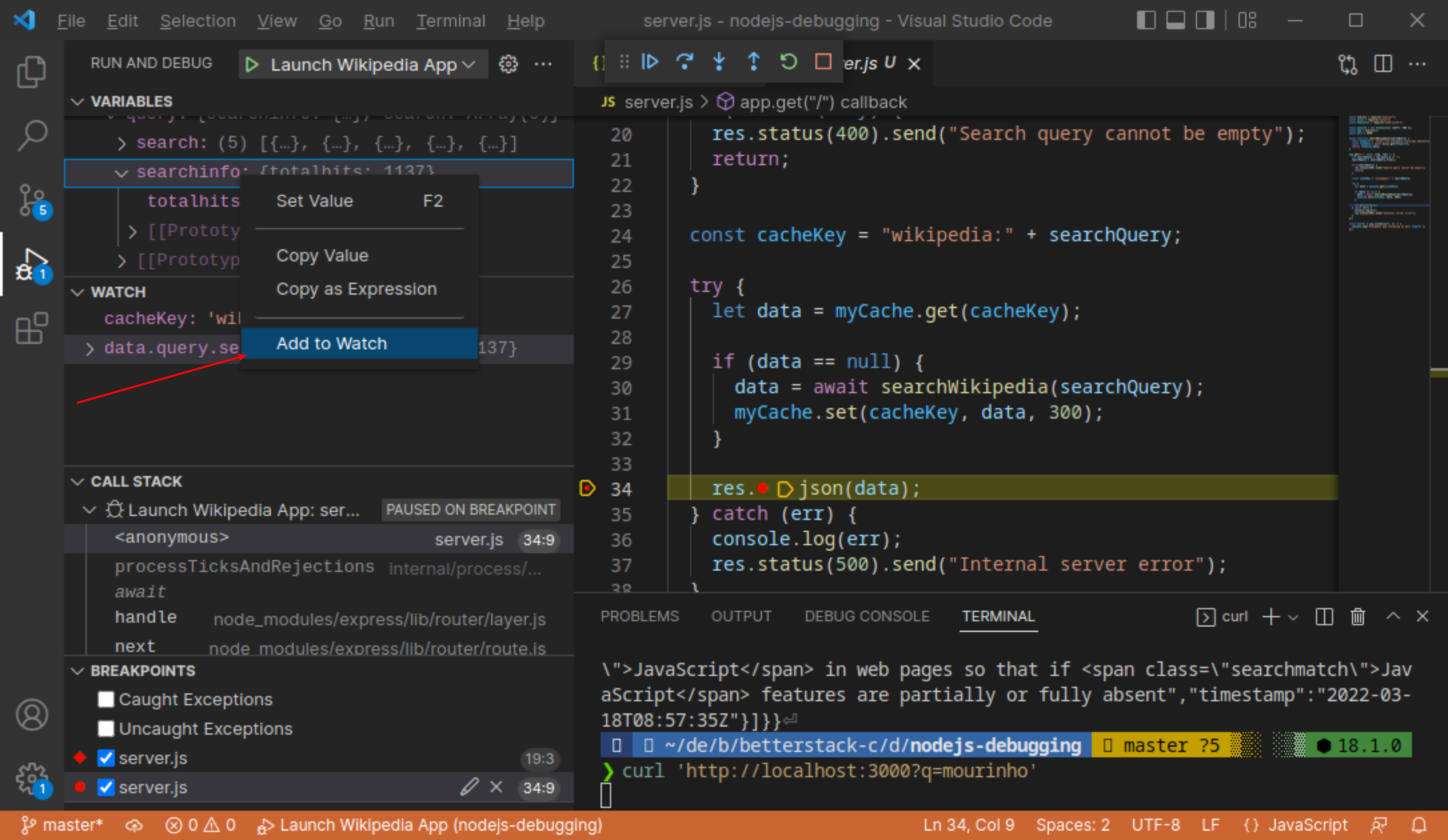 VS Code debug watch pane