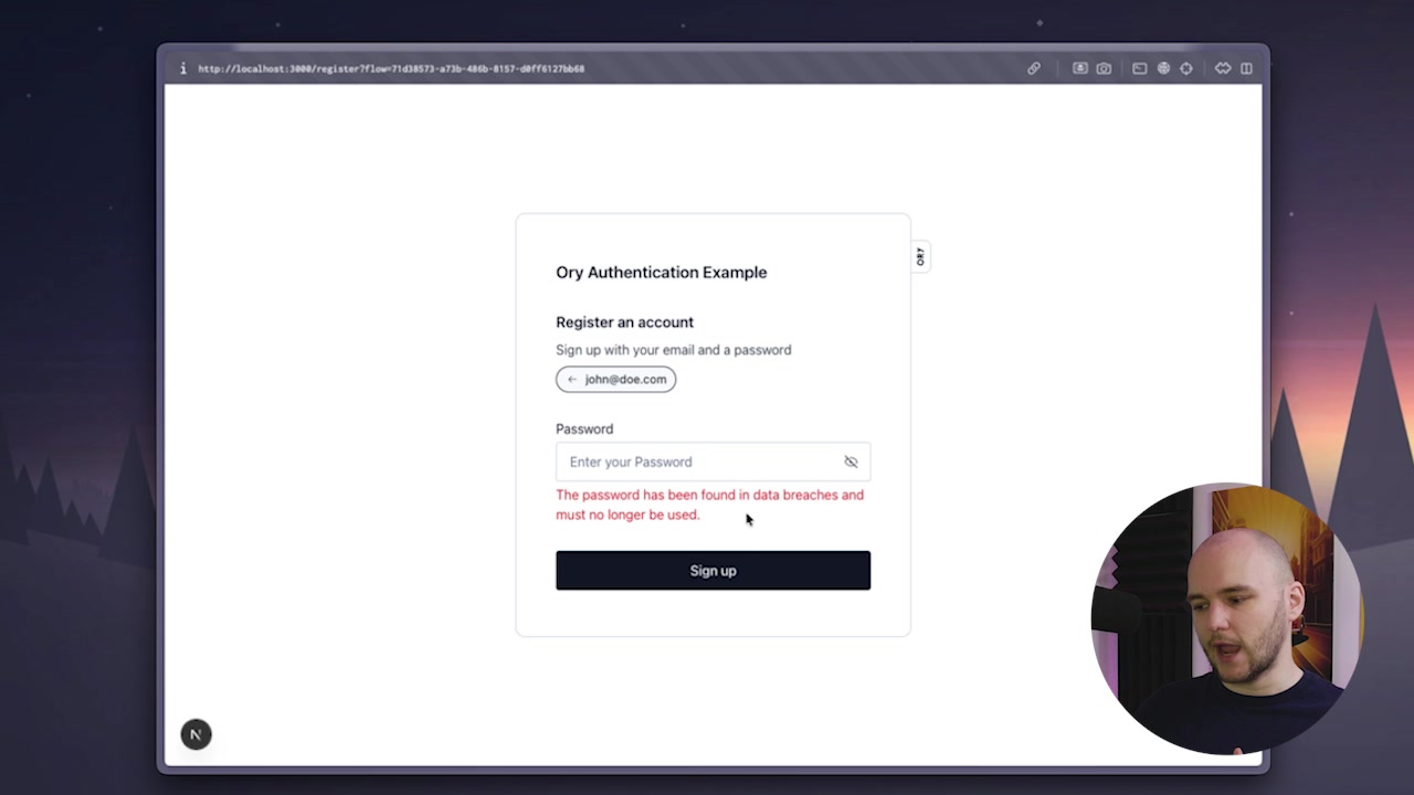 The registration form showing an error message: "The password has been found in data breaches and must no longer be used."