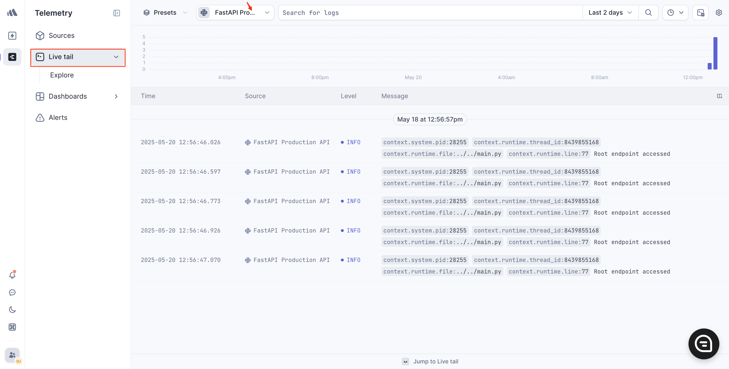 Live tail page showing incoming logs