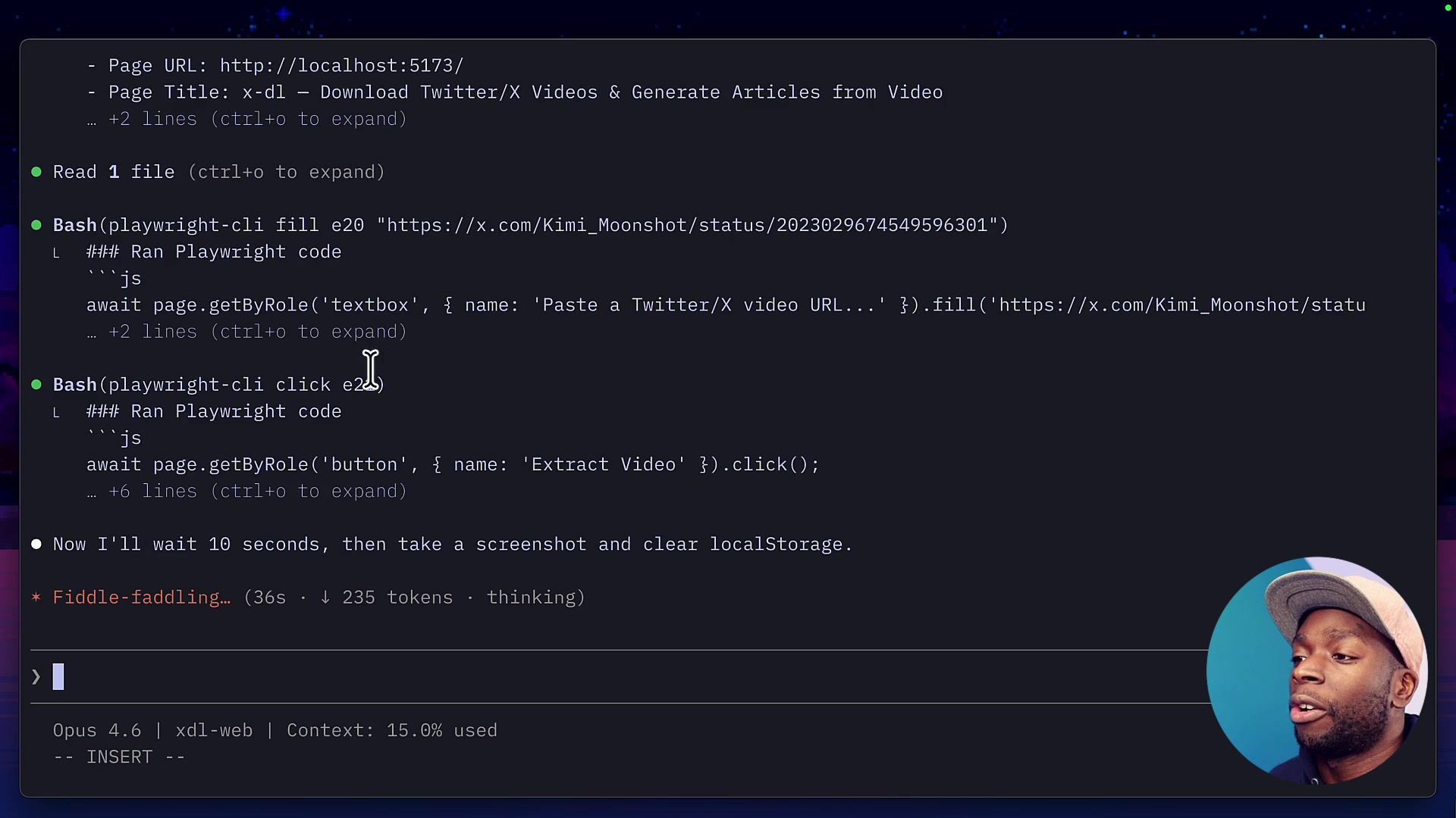 A montage of the agent's terminal output, showing the sequence of `playwright-cli` commands—`snapshot`, `fill`, `click`—and their corresponding Playwright code snippets.
