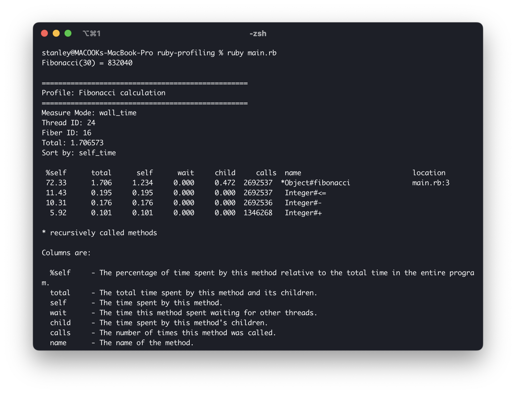Screenshot of the output