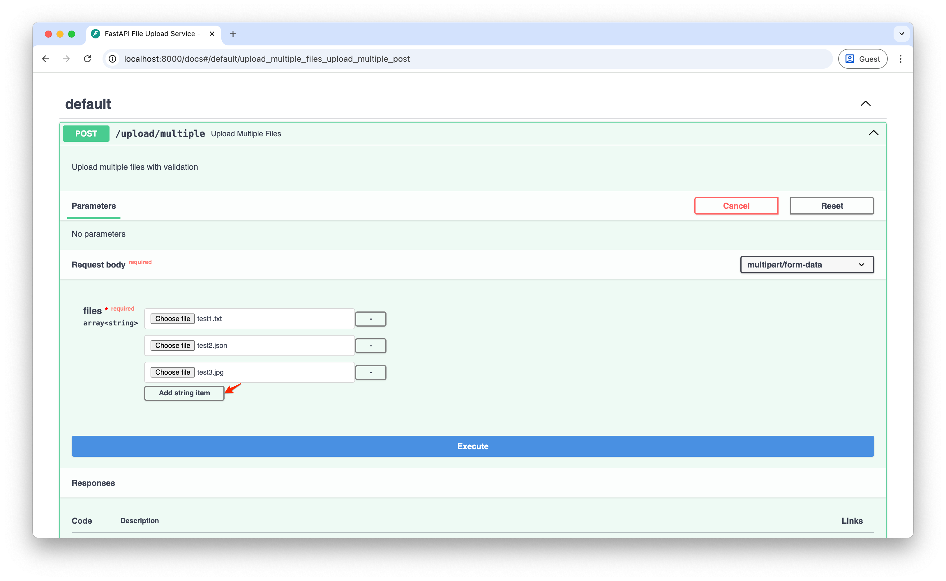 Screenshot of the multiple file upload interface in SwaggerUI showing the ability to select multiple files at once