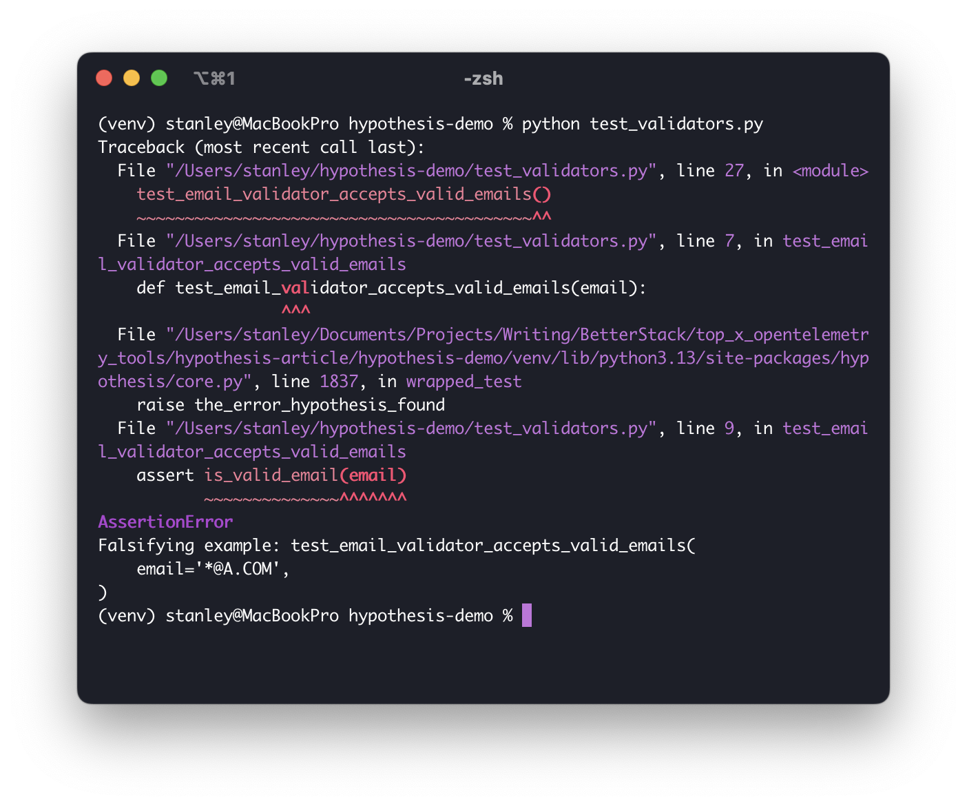 Screenshot of the test output showing email validation issues
