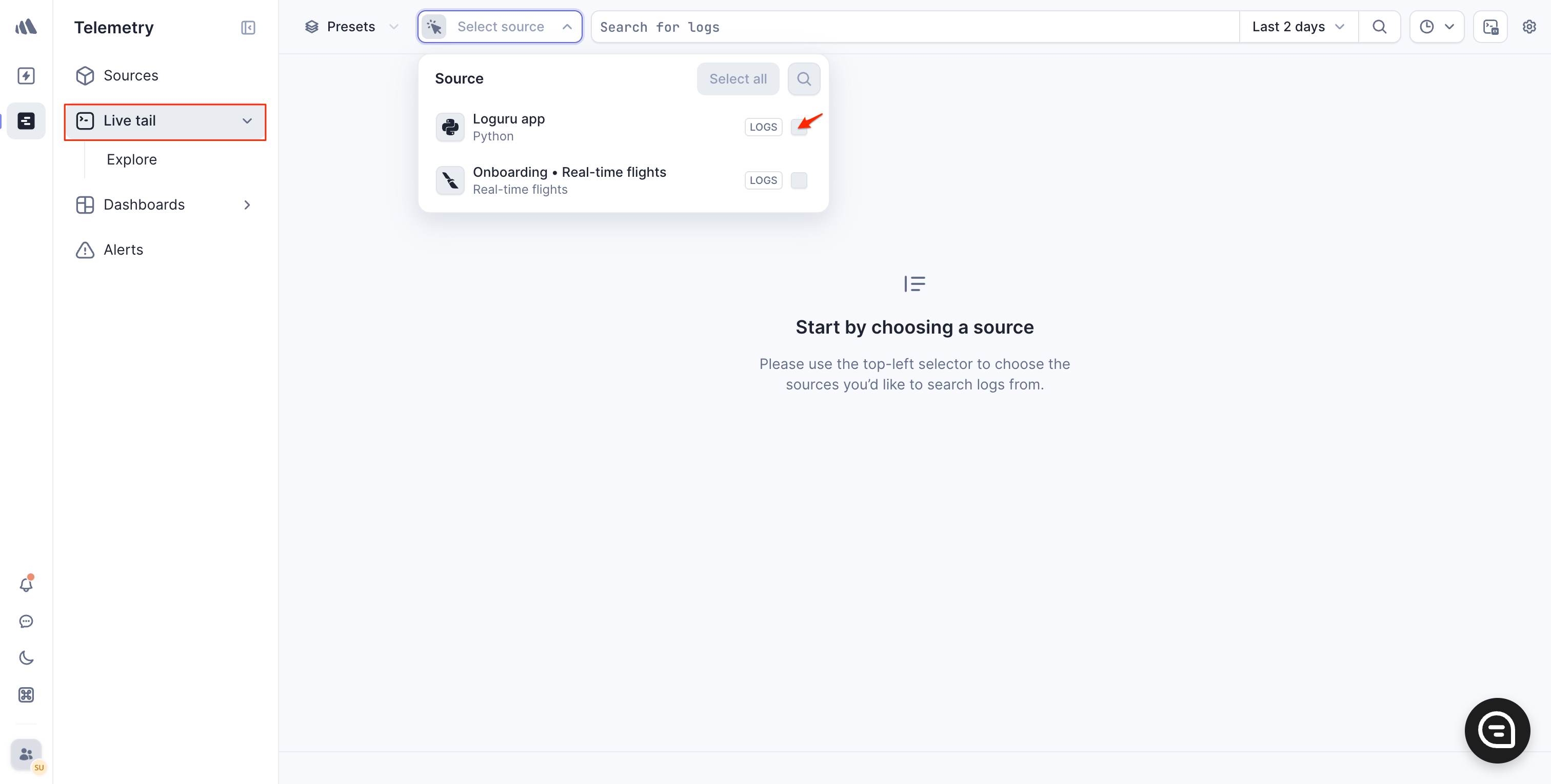 Better Stack Telemetry sources filter