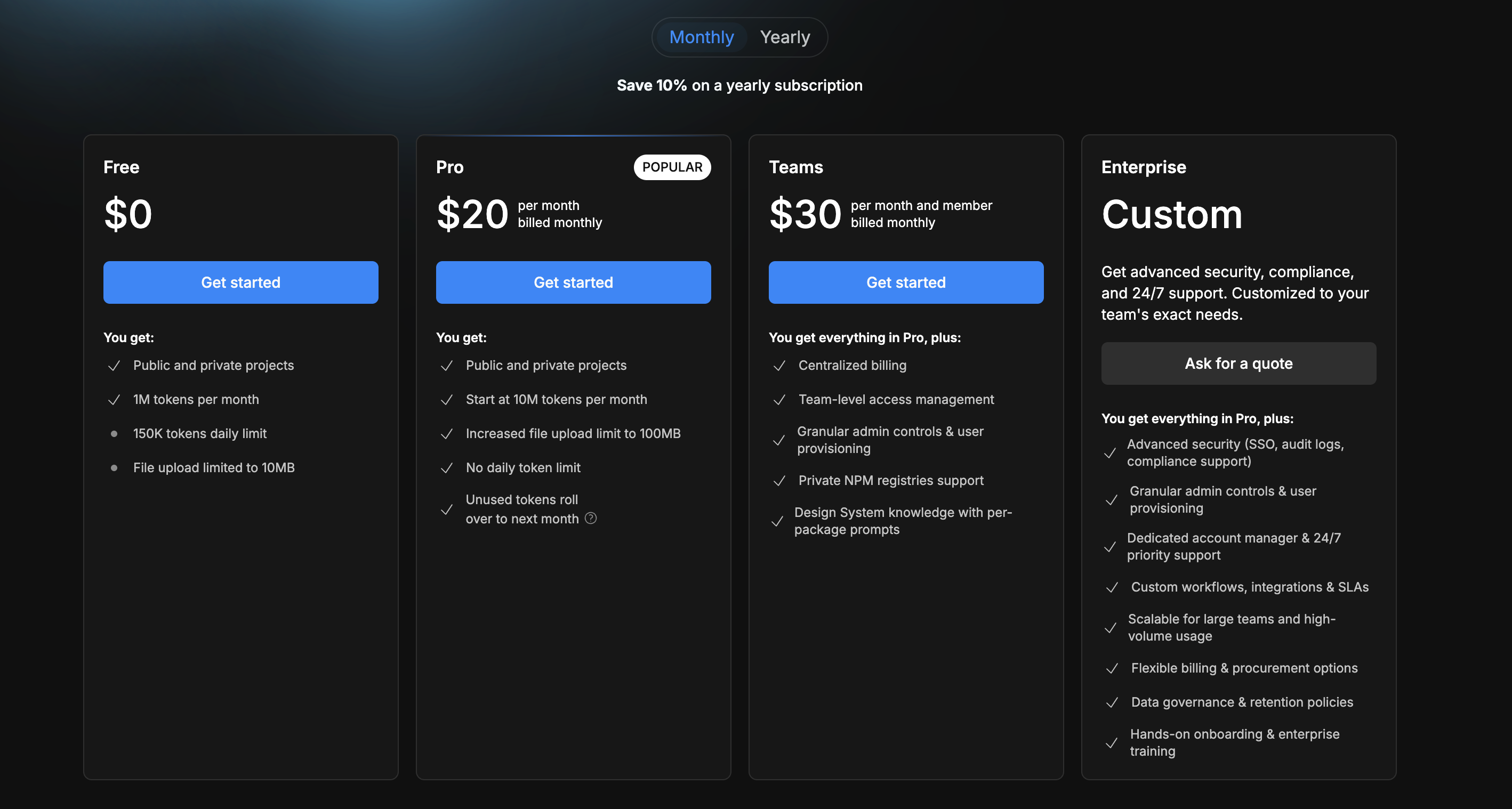 Bolt.new pricing tiers showing free tier, Pro plans, and token consumption tracking