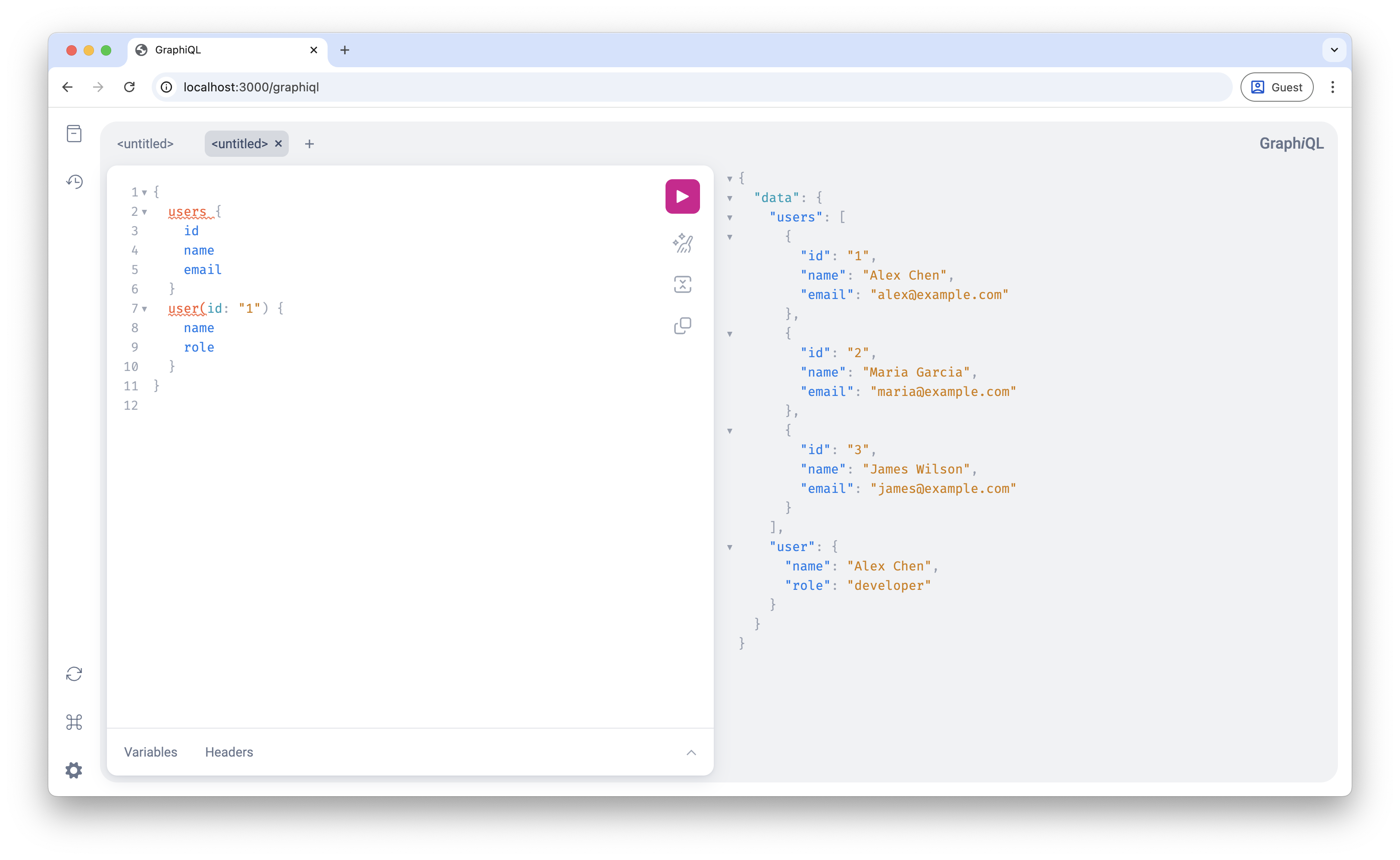 Screenshot of GraphiQL showing list query results