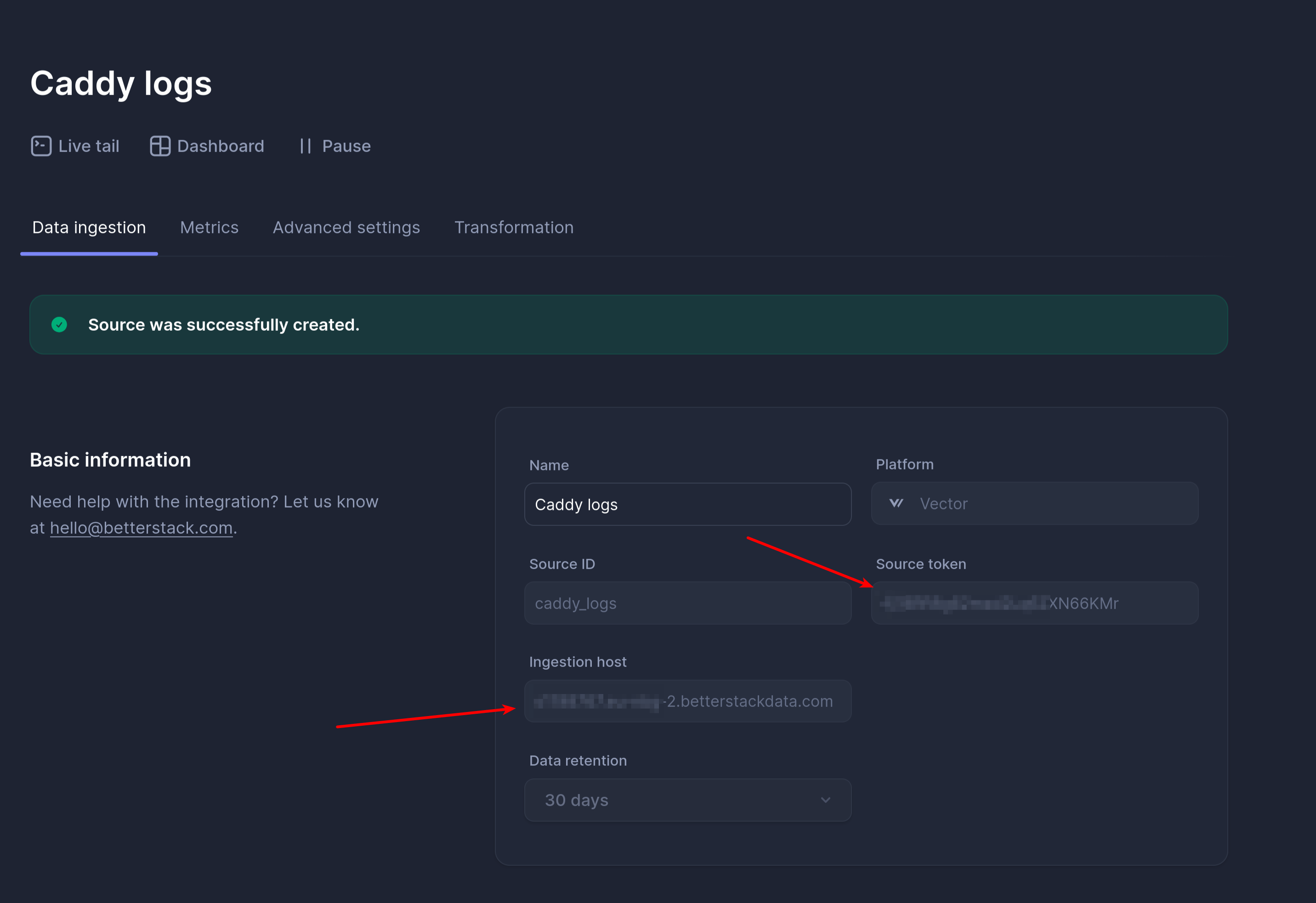 Copy source token and ingesting host