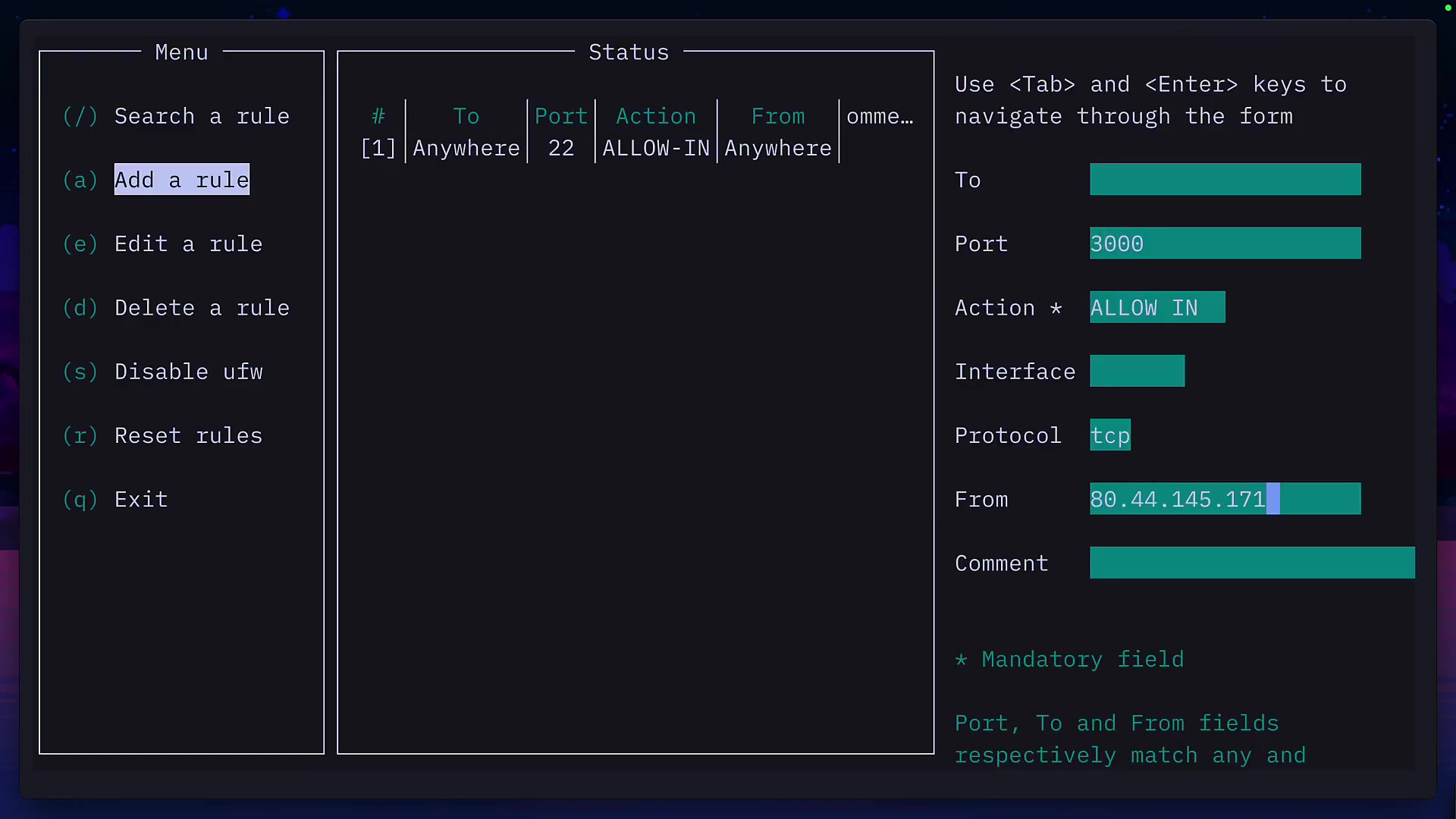 The `tufw` form with a specific IP address entered into the "From" field, restricting access.