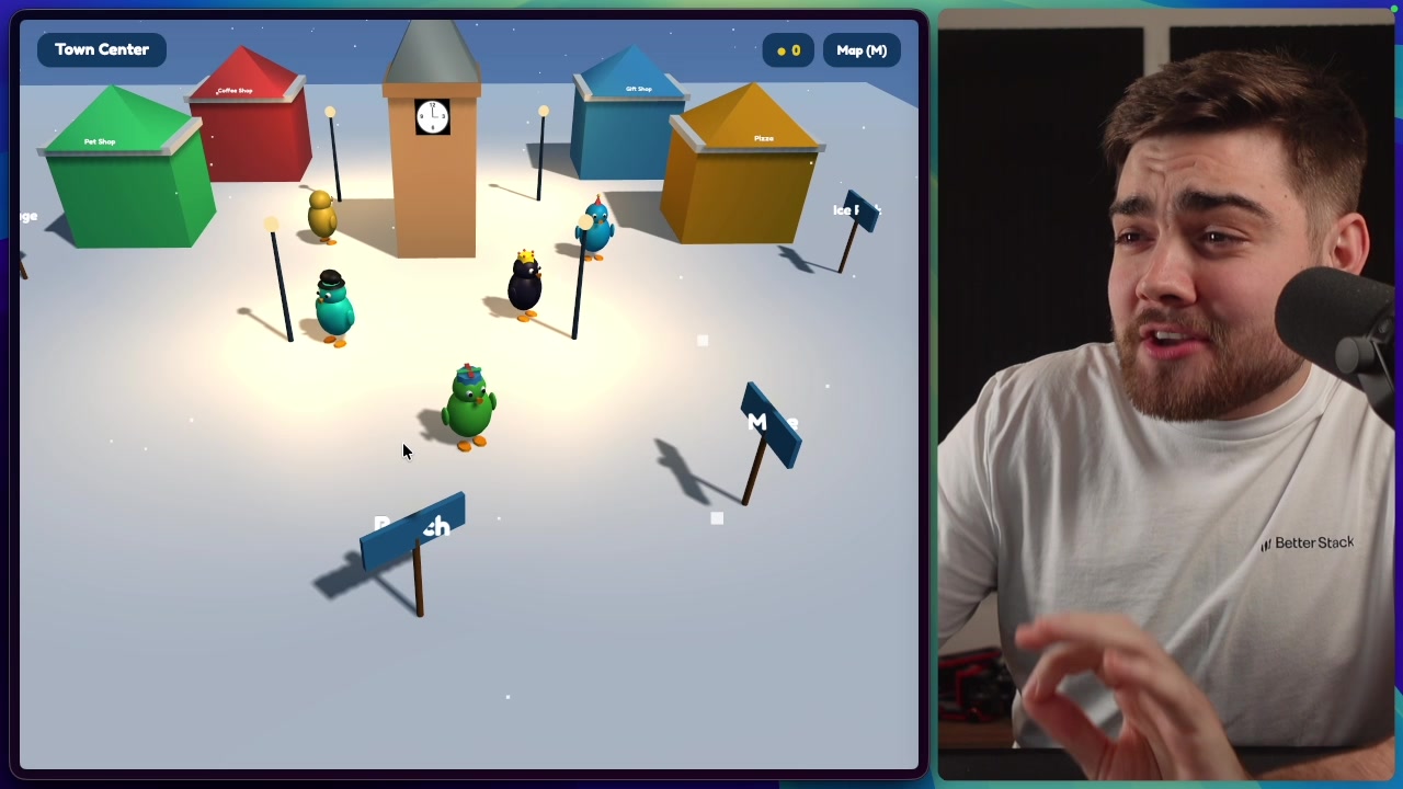 A screenshot of the 3D "Town Center" from the Club Penguin clone, showing multiple penguin characters with different accessories in a snowy environment.