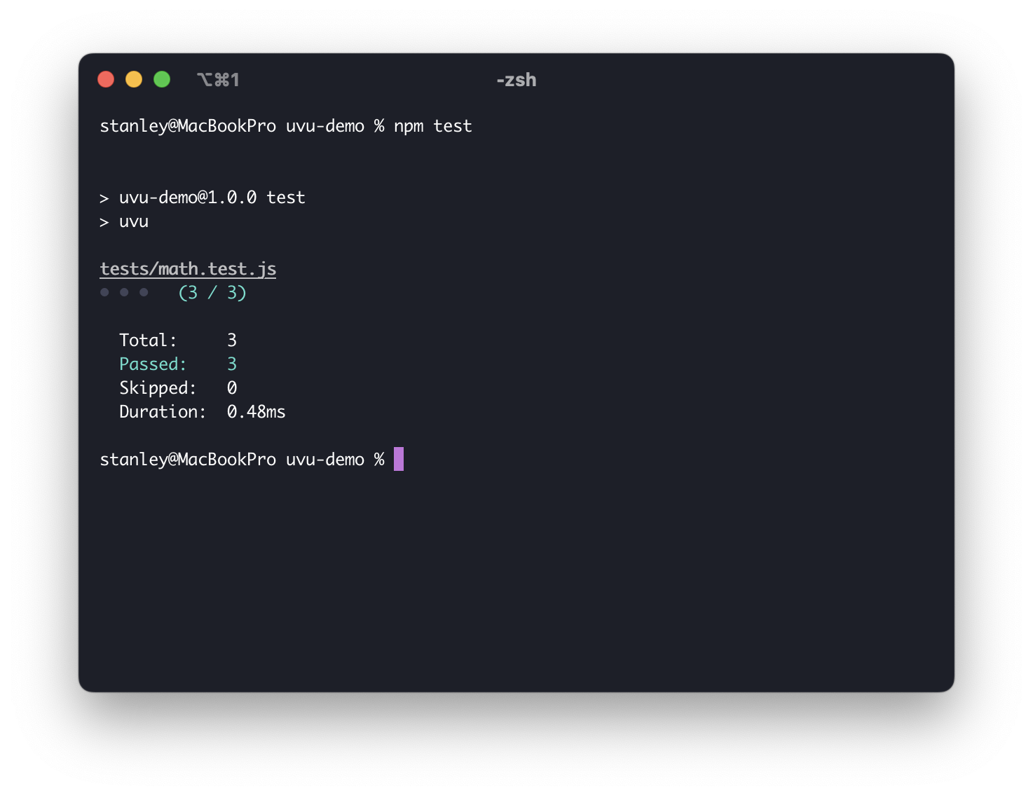 Screenshot of all the tests passing