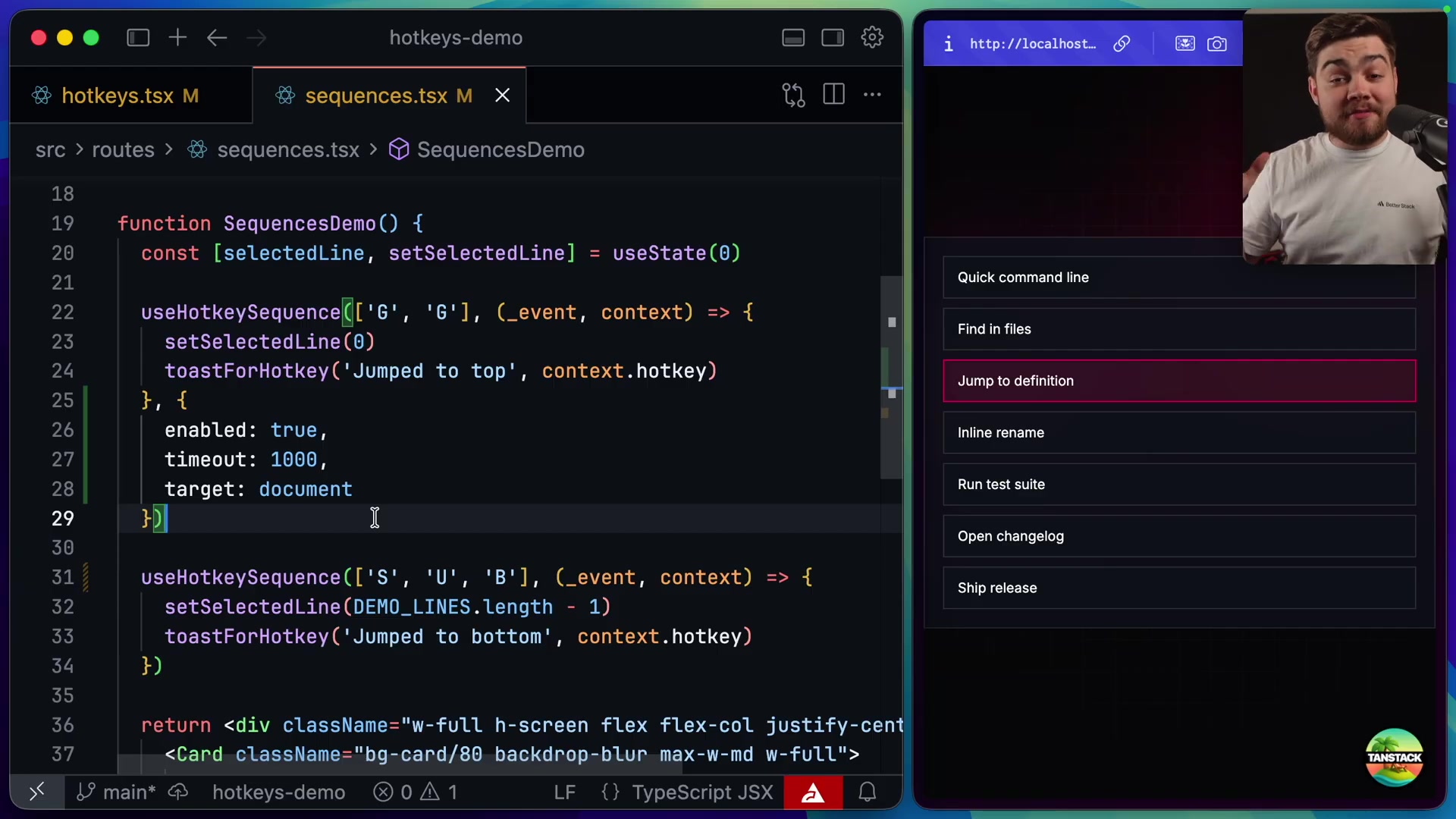 The code and UI demonstrating a key sequence in action, where pressing `g` then `g` jumps to the top of a list.