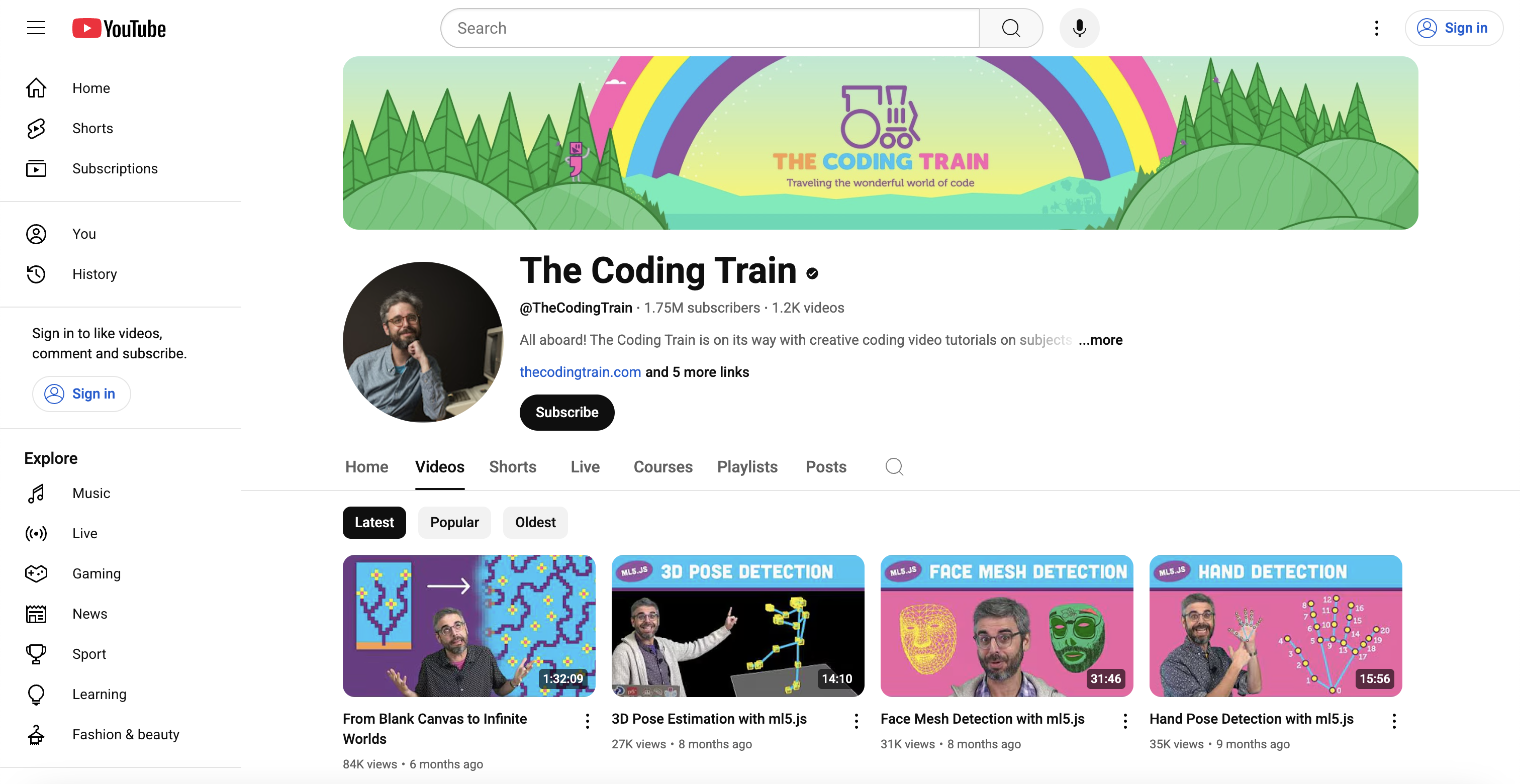 The coding train Youtube channel