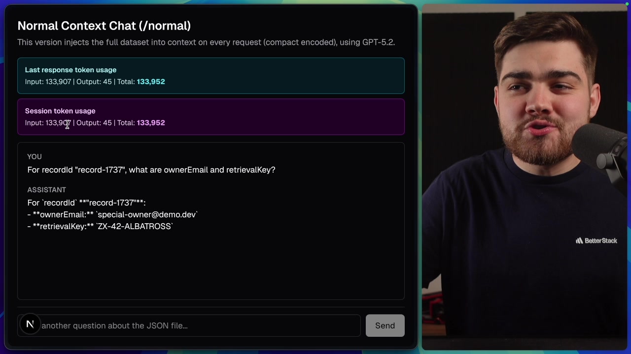 A screenshot of the chatbot UI showing the "Normal Context Chat" with a session token usage of 133,952 for a single query.
