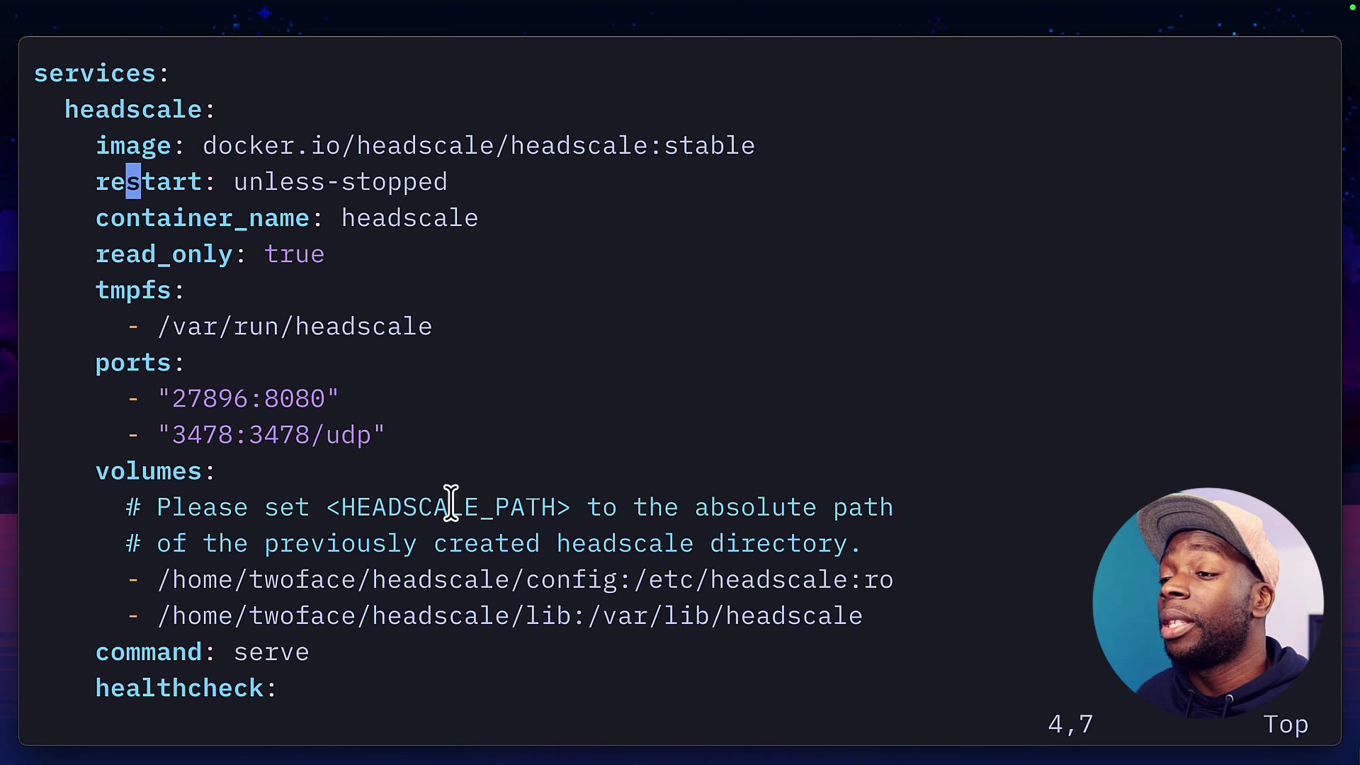 A close-up of the `headscale` service definition within the `docker-compose.yaml` file.