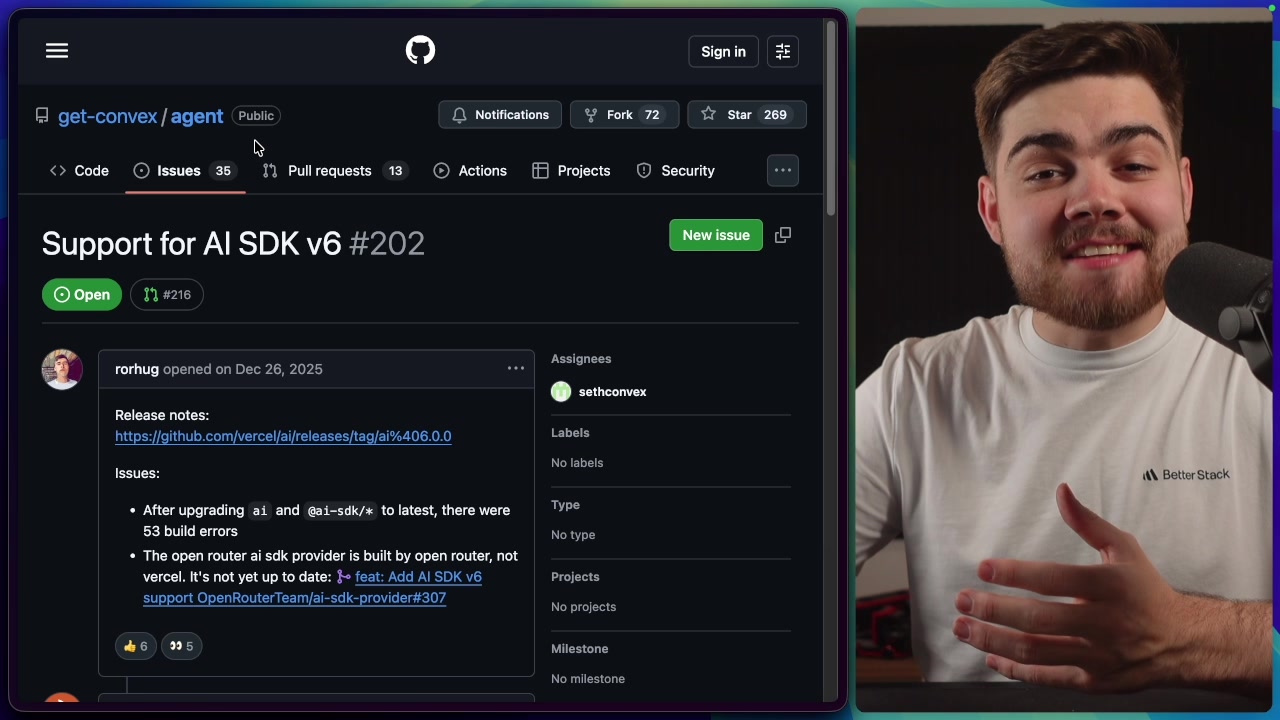 A screenshot of the GitHub issue titled "Support for AI SDK v6," outlining the scope of the migration task.