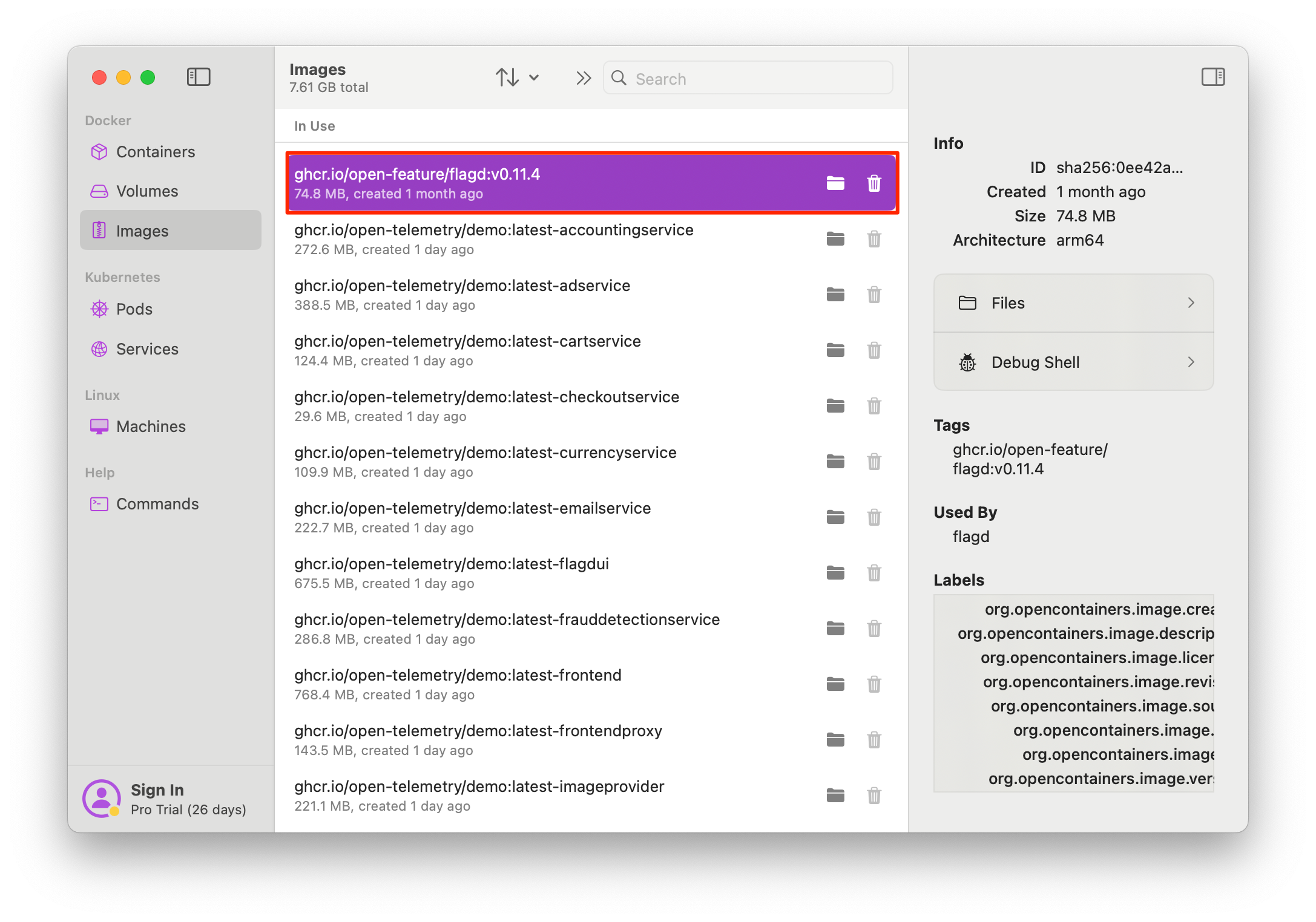 OrbStack interface displaying detailed metadata of a selected container image