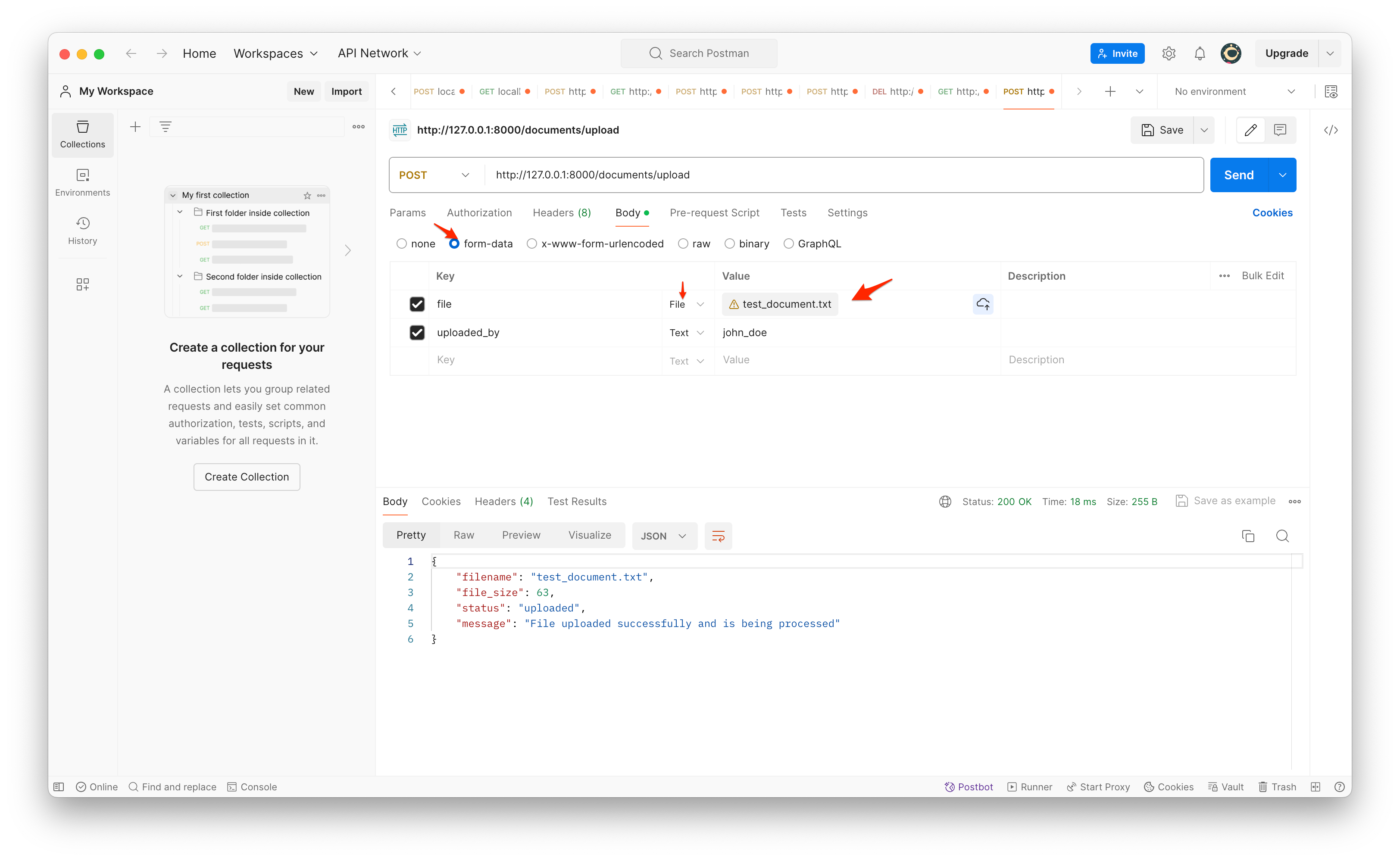 Screenshot of Postman file upload test