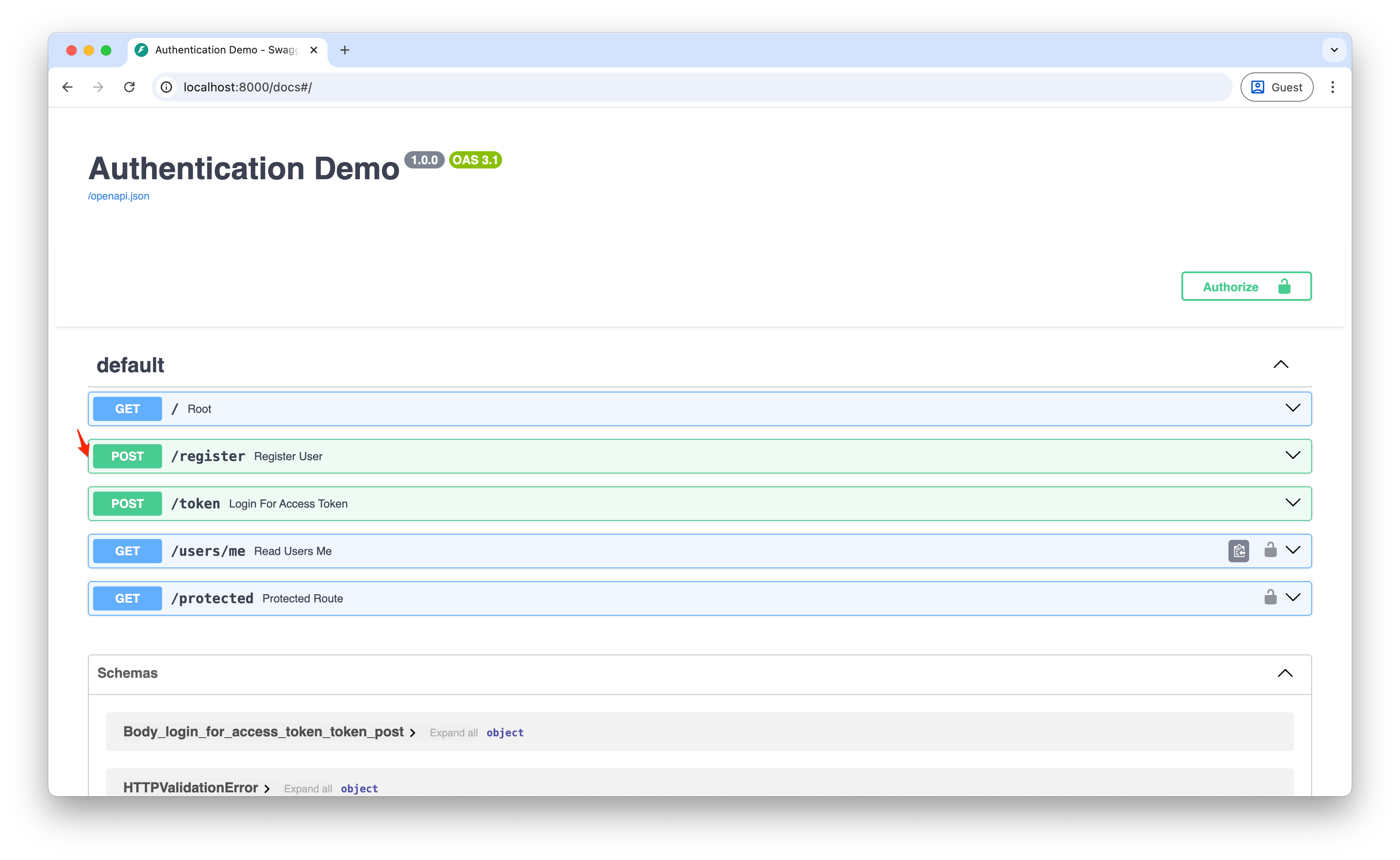 Screenshot showing the FastAPI docs with the new /register endpoint visible in the list