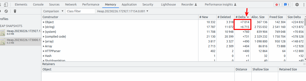 Screenshot of the delta column sorted