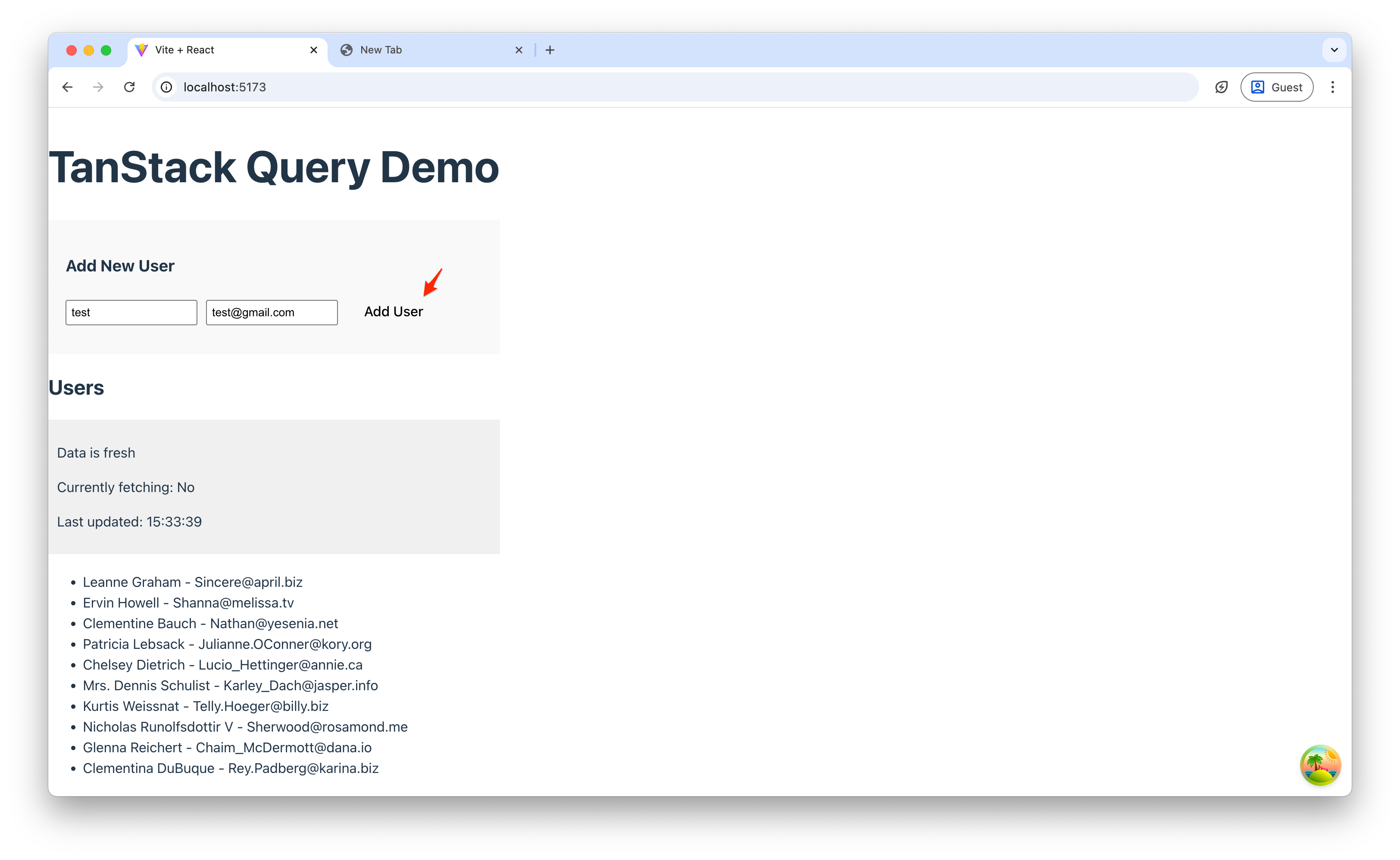 Screenshot showing the AddUser form component above the user list