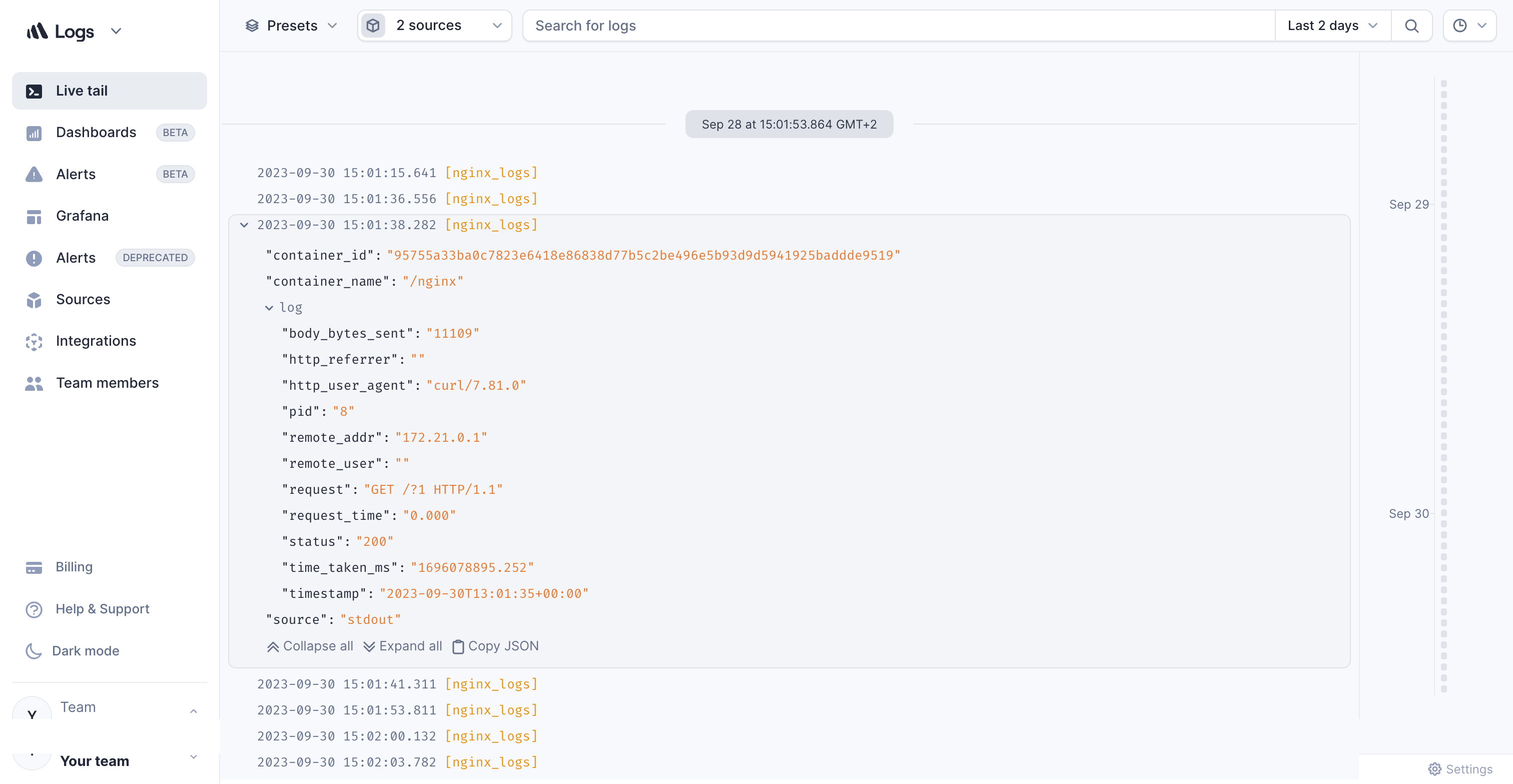 Screenshot of Live tail in Better Stack