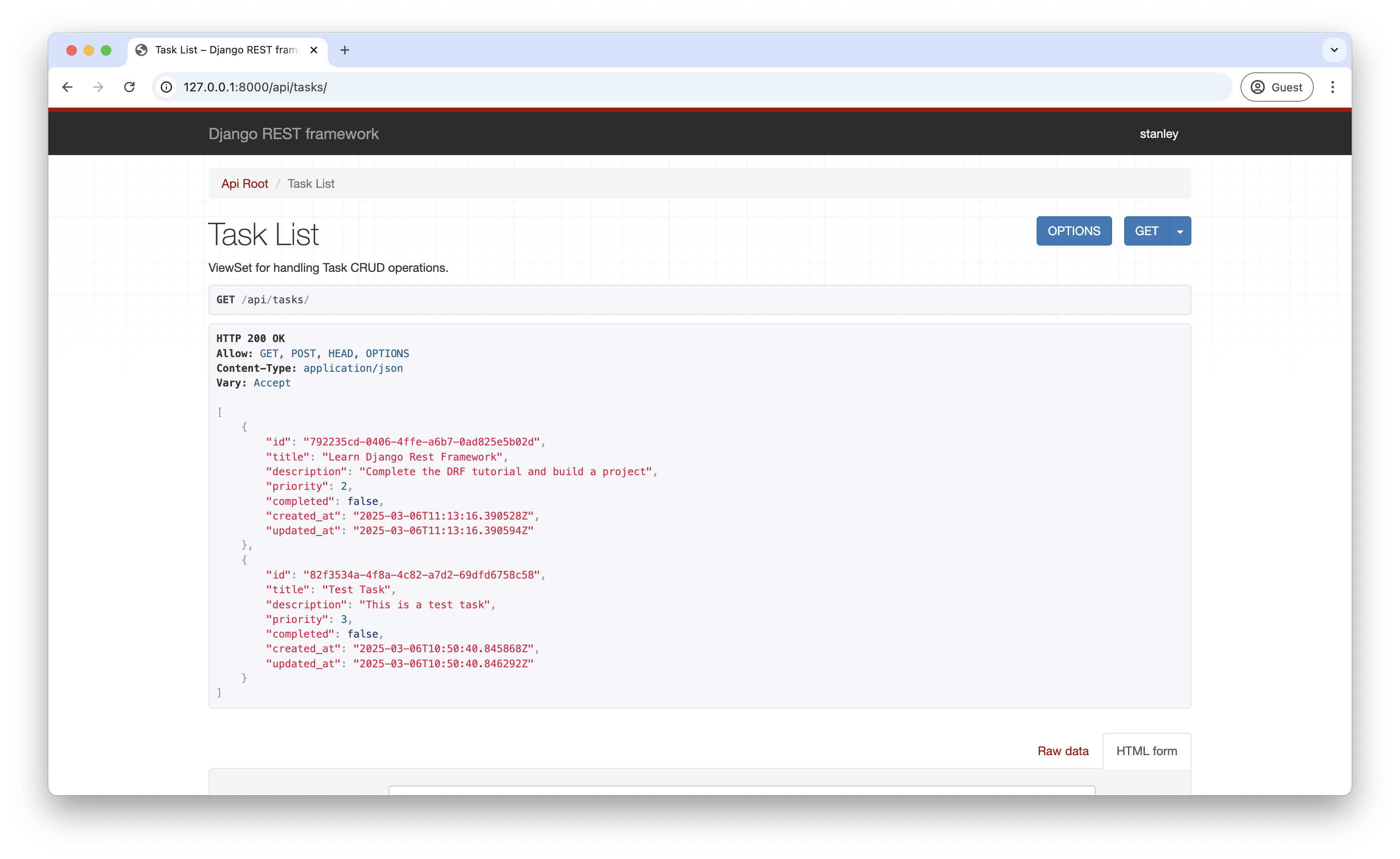 Screenshot of the DRF browsable API