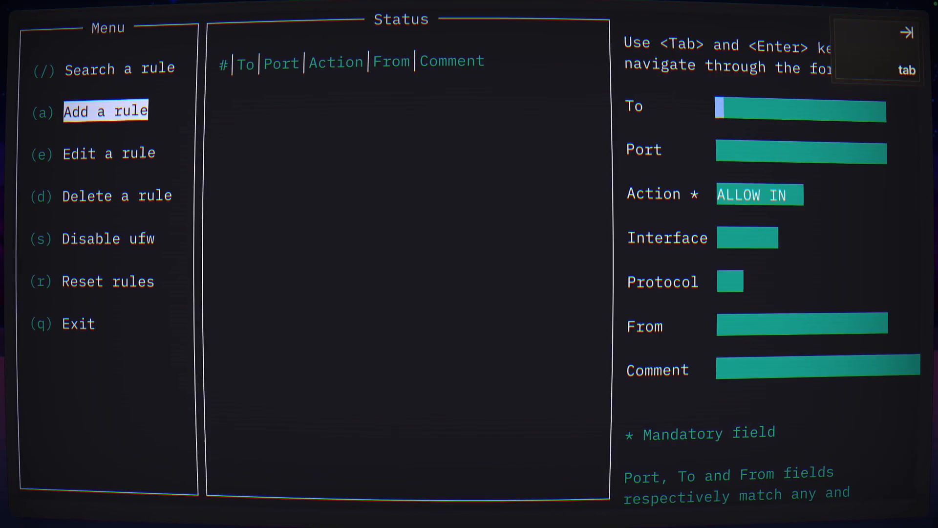 The main `tufw` interface, showing the Menu panel on the left and the Status/Form panel on the right.