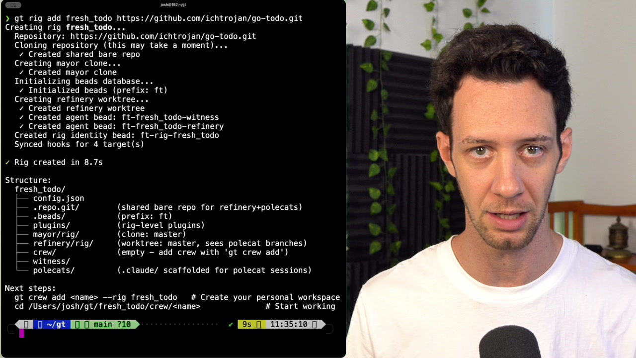 The terminal output after adding a rig shows the complete file structure created by Gas Town, including directories for beads, plugins, mayor, and polecats.