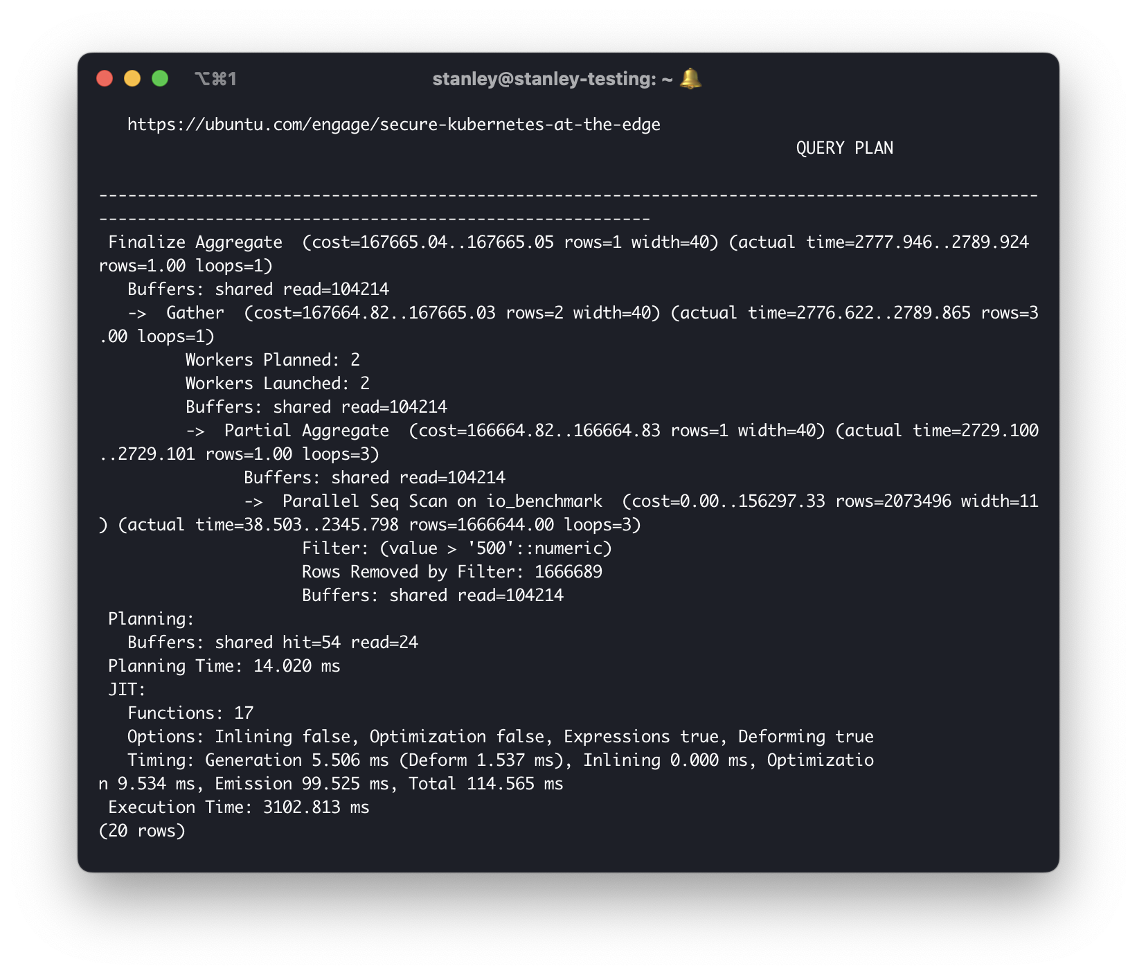 Screenshot of the performance output