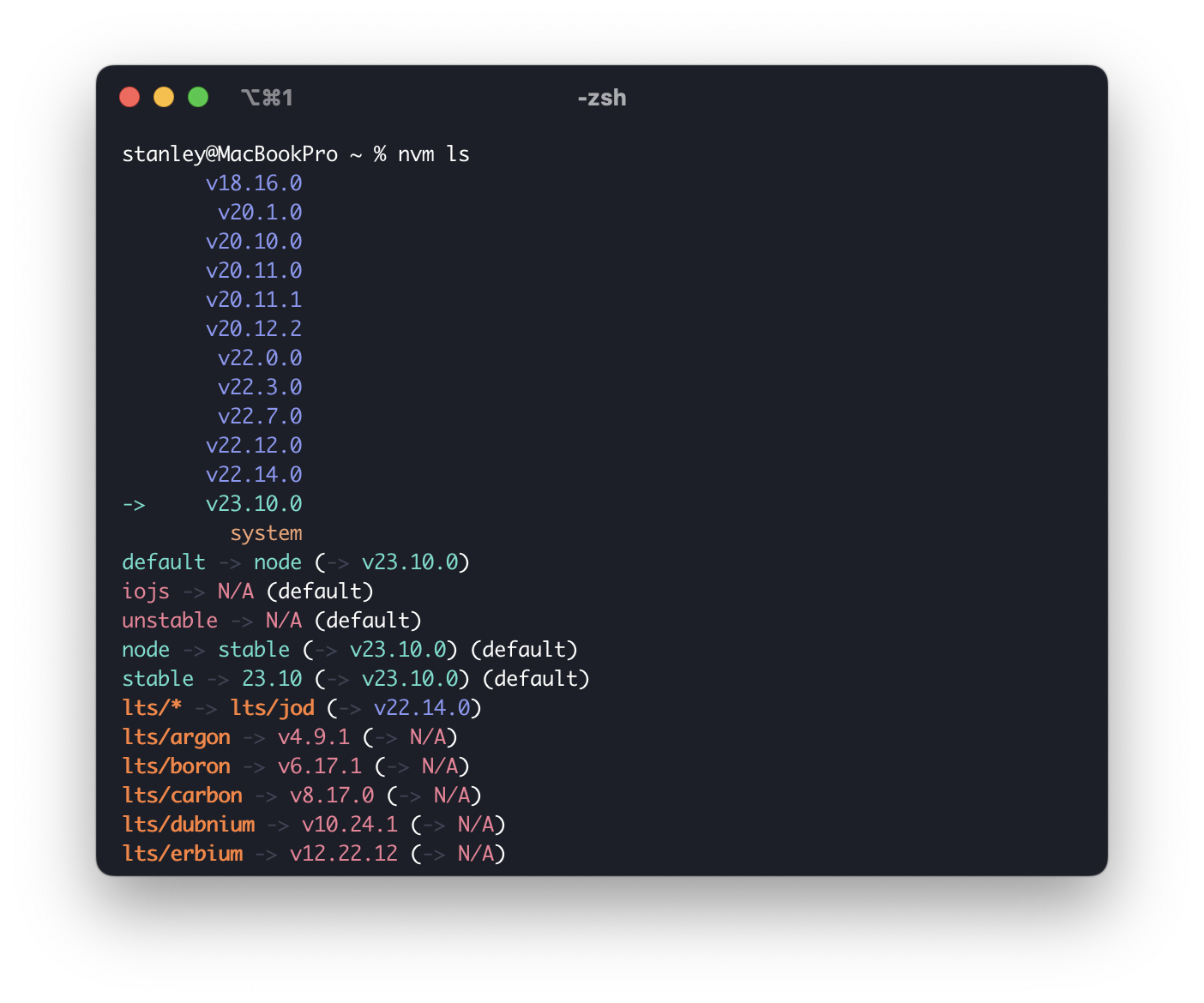 Screenshot of a list of the Node.js versions installed on your system