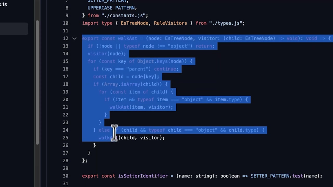 The internal code of React Doctor shows a `walkAst` function, which is a classic example of a function designed to traverse, or "walk," through an Abstract Syntax Tree to inspect its nodes.