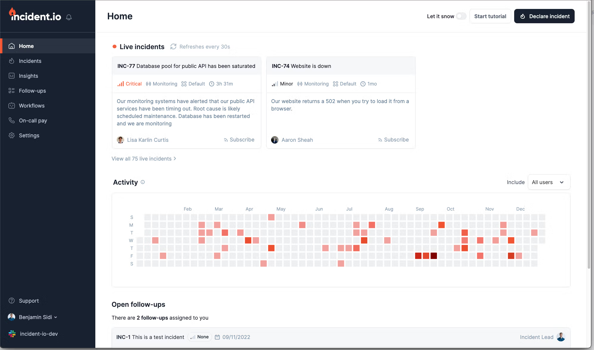 Screenshot of Incident.io dashboard
