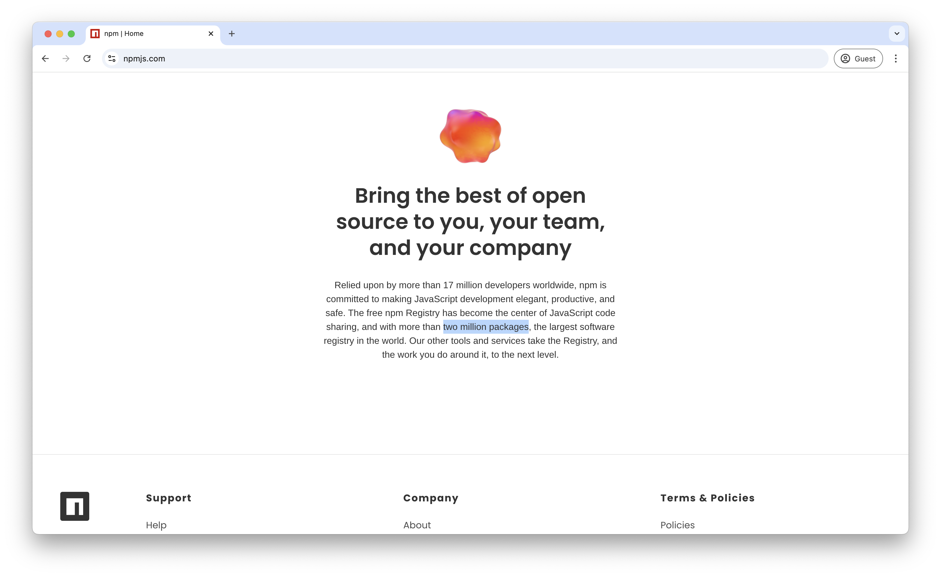 Screenshot of npm homepage
