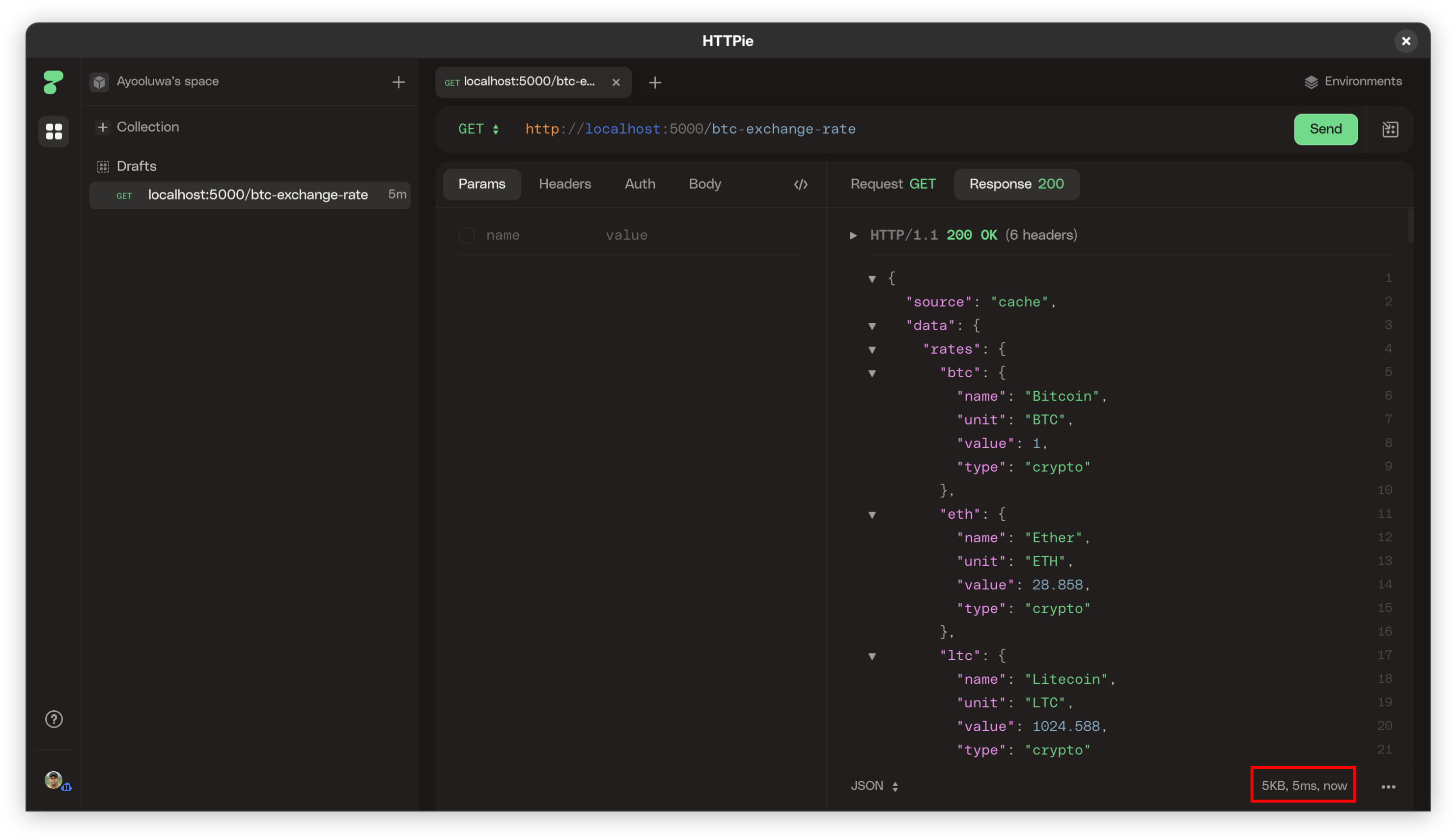 Screenshot of cached response in HTTPie