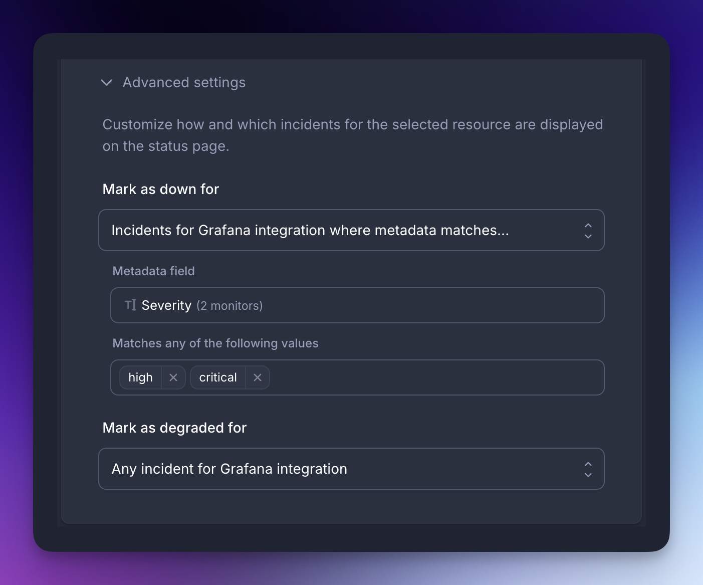 Screenshot of status page metadata configuration